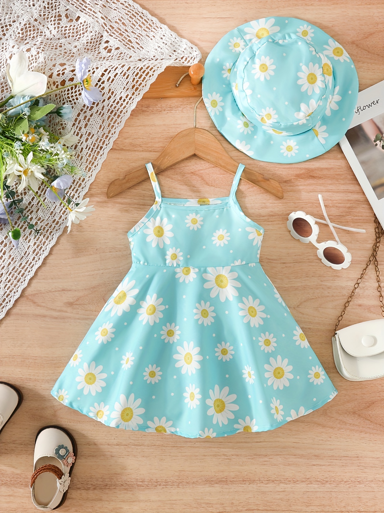 2pcs baby girls summer casual style daisy print suspender dress hat set details 17