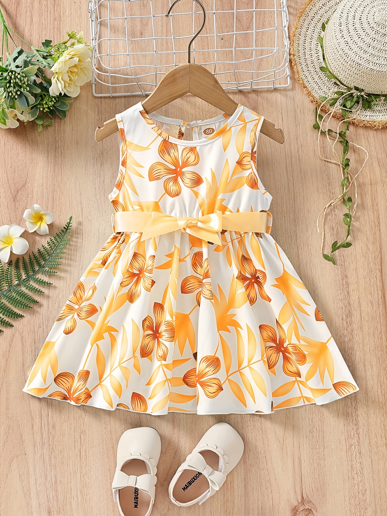 baby girl casual-baby girls casual floral print sleeveless belted dress kids clothes details 0