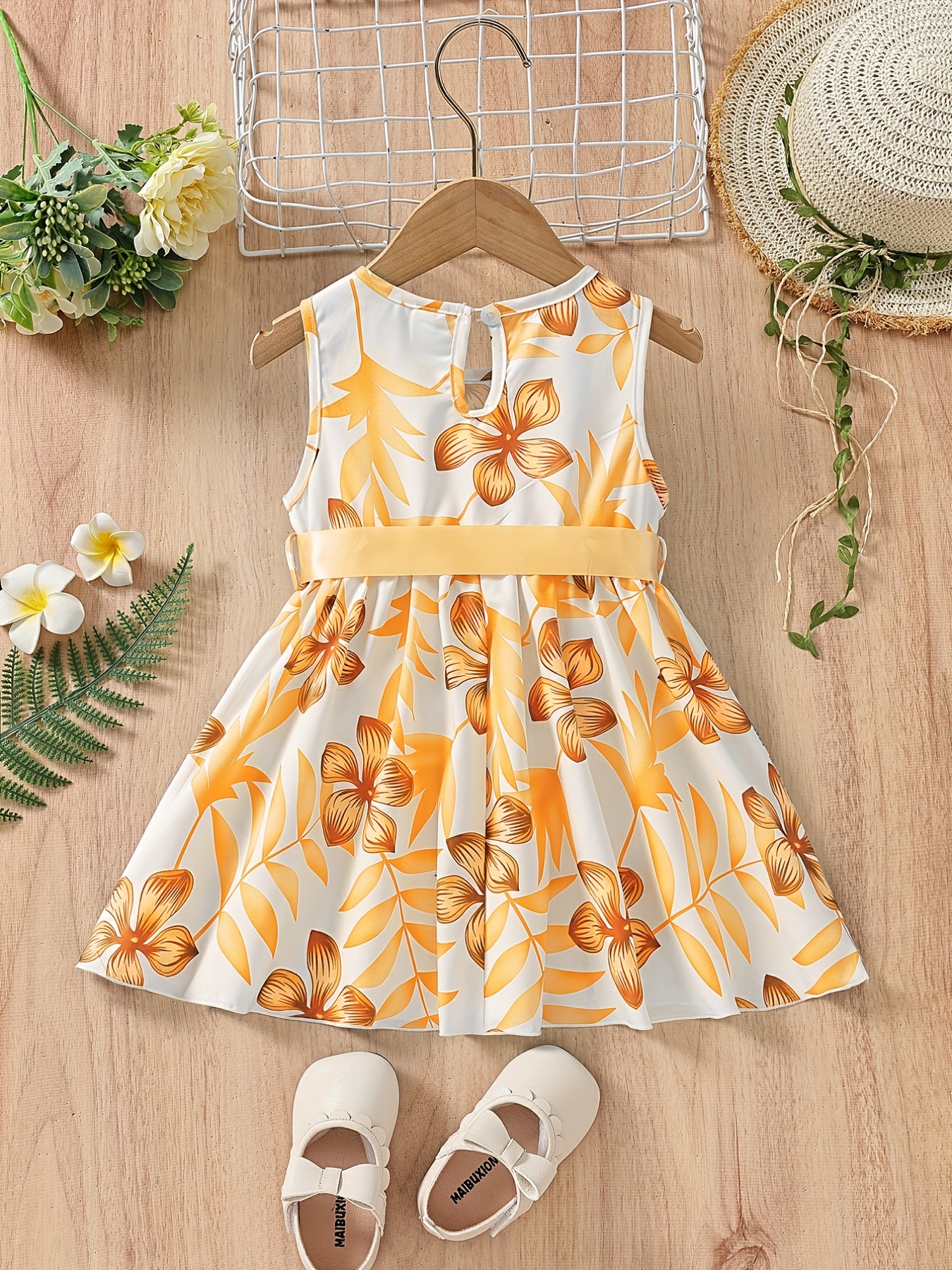 baby girl casual-baby girls casual floral print sleeveless belted dress kids clothes details 4