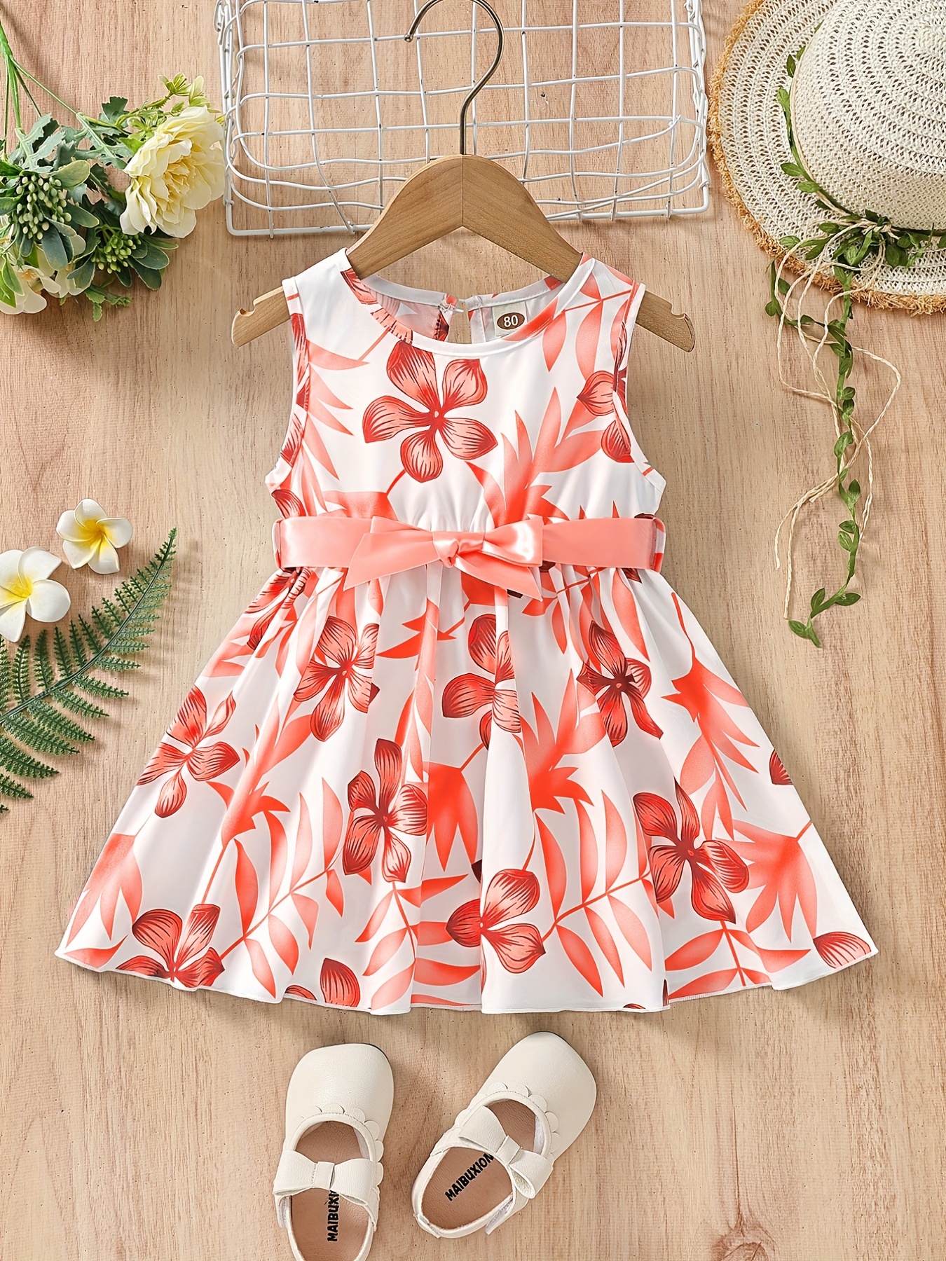 baby girl casual-baby girls casual floral print sleeveless belted dress kids clothes details 7