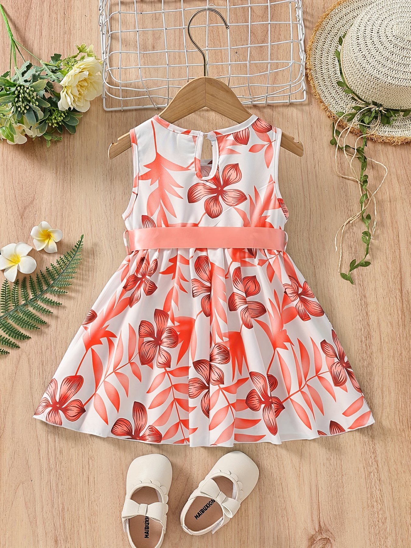 baby girl casual-baby girls casual floral print sleeveless belted dress kids clothes details 11