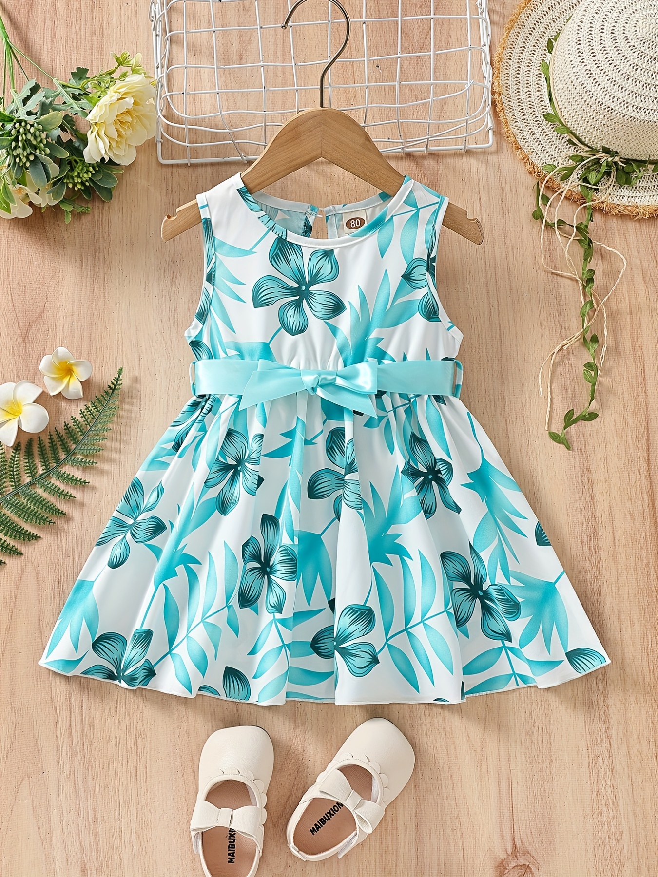 baby girl casual-baby girls casual floral print sleeveless belted dress kids clothes details 14