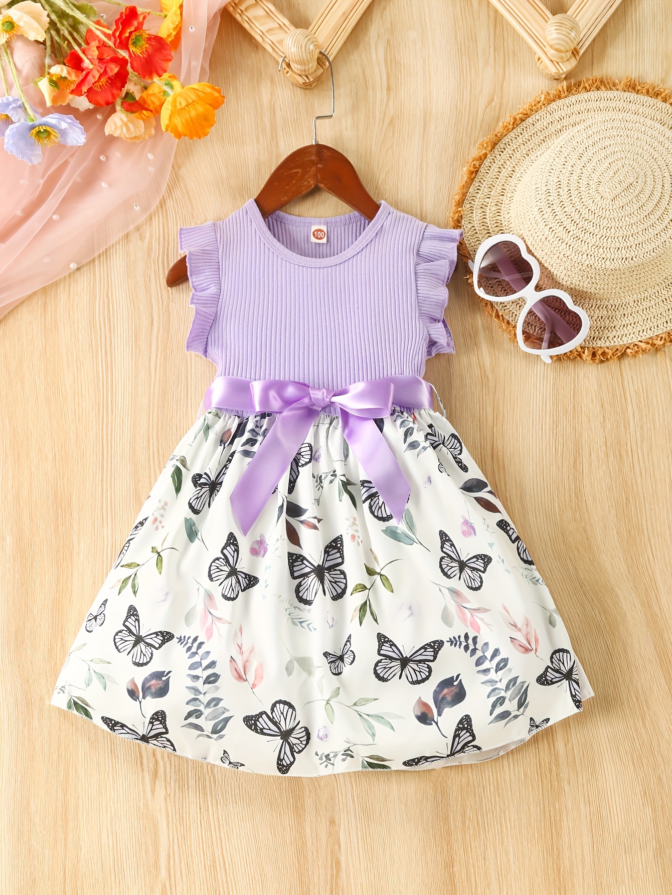 baby girls sleeveless flying sleeve pit strip butterfly print dress with belt cute autumn summer clothes set details 0