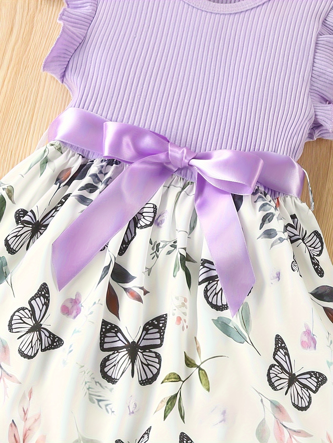 baby girls sleeveless flying sleeve pit strip butterfly print dress with belt cute autumn summer clothes set details 1