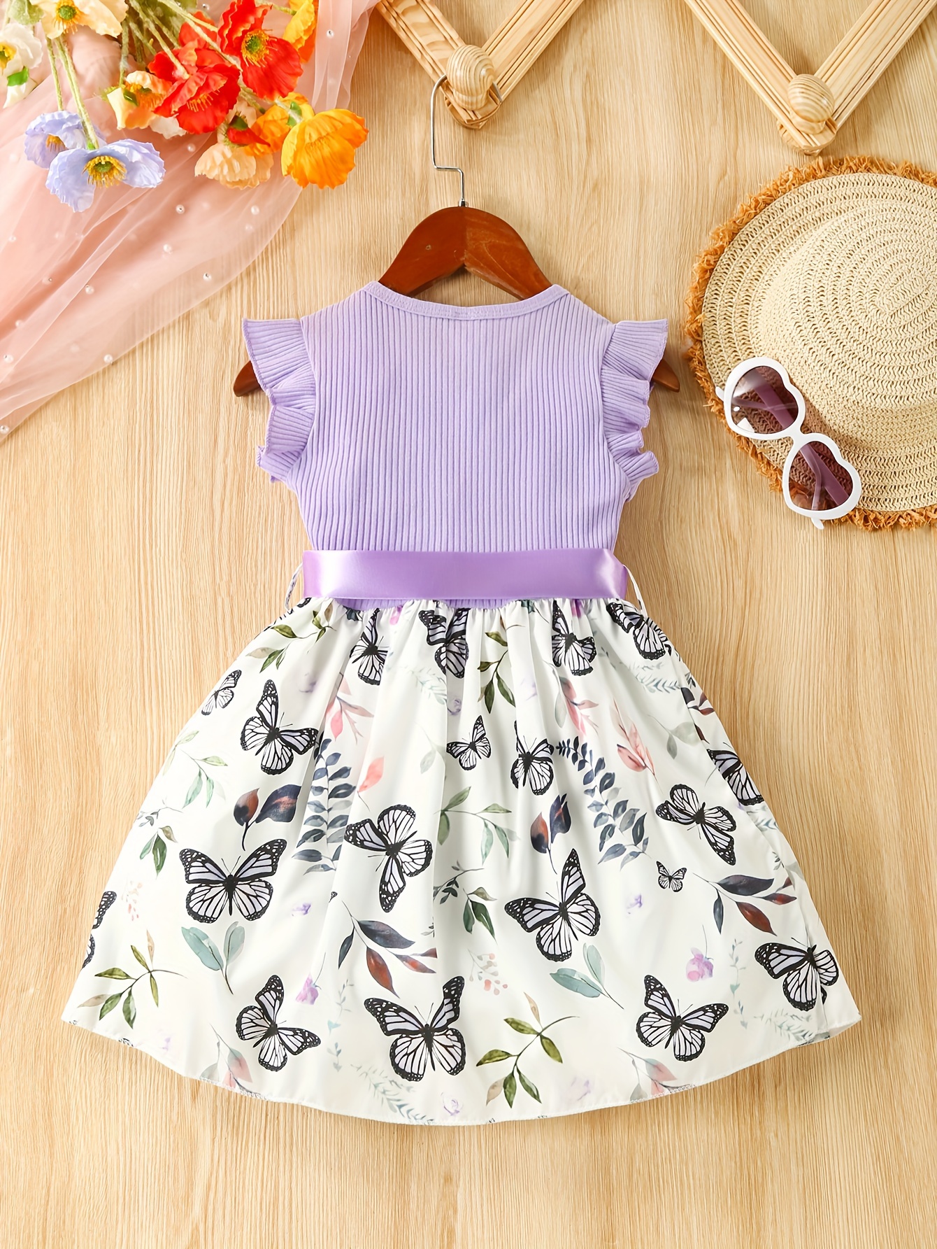 baby girls sleeveless flying sleeve pit strip butterfly print dress with belt cute autumn summer clothes set details 3