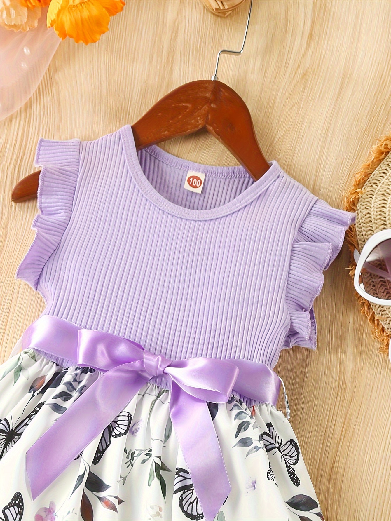 baby girls sleeveless flying sleeve pit strip butterfly print dress with belt cute autumn summer clothes set details 4