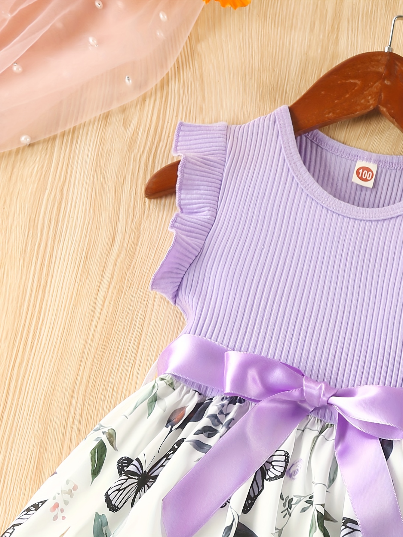 baby girls sleeveless flying sleeve pit strip butterfly print dress with belt cute autumn summer clothes set details 5