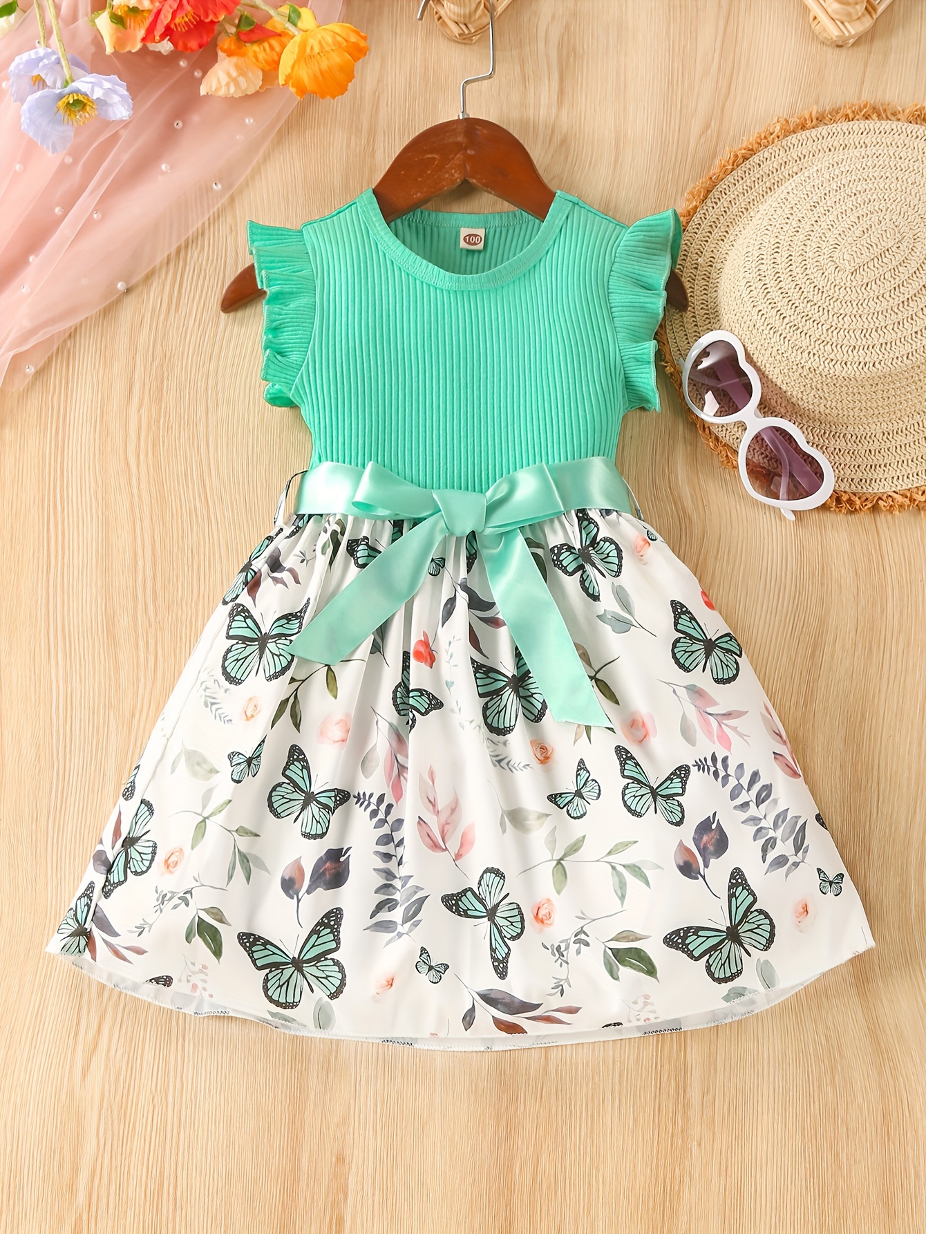 baby girls sleeveless flying sleeve pit strip butterfly print dress with belt cute autumn summer clothes set details 6