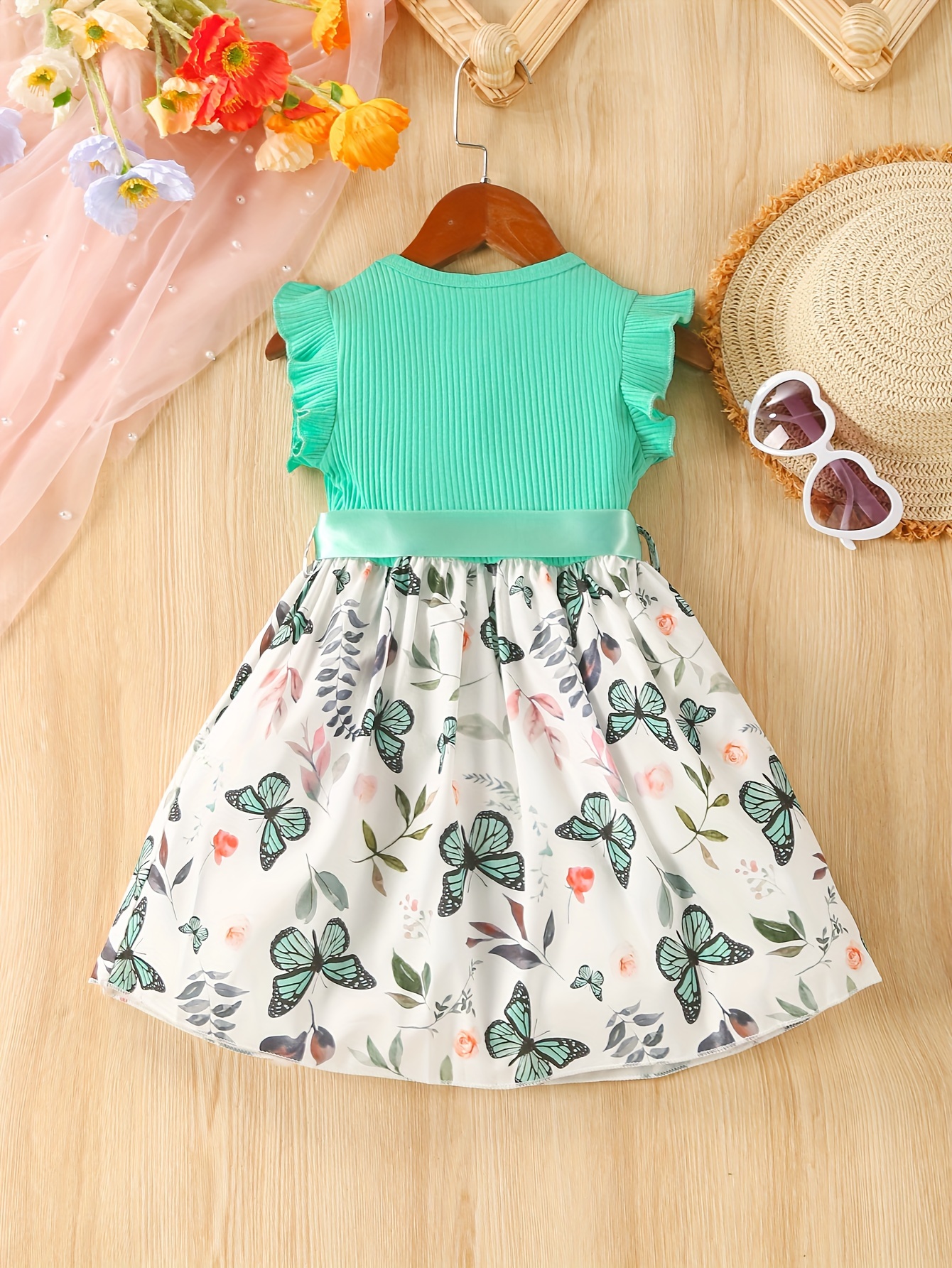 baby girls sleeveless flying sleeve pit strip butterfly print dress with belt cute autumn summer clothes set details 9