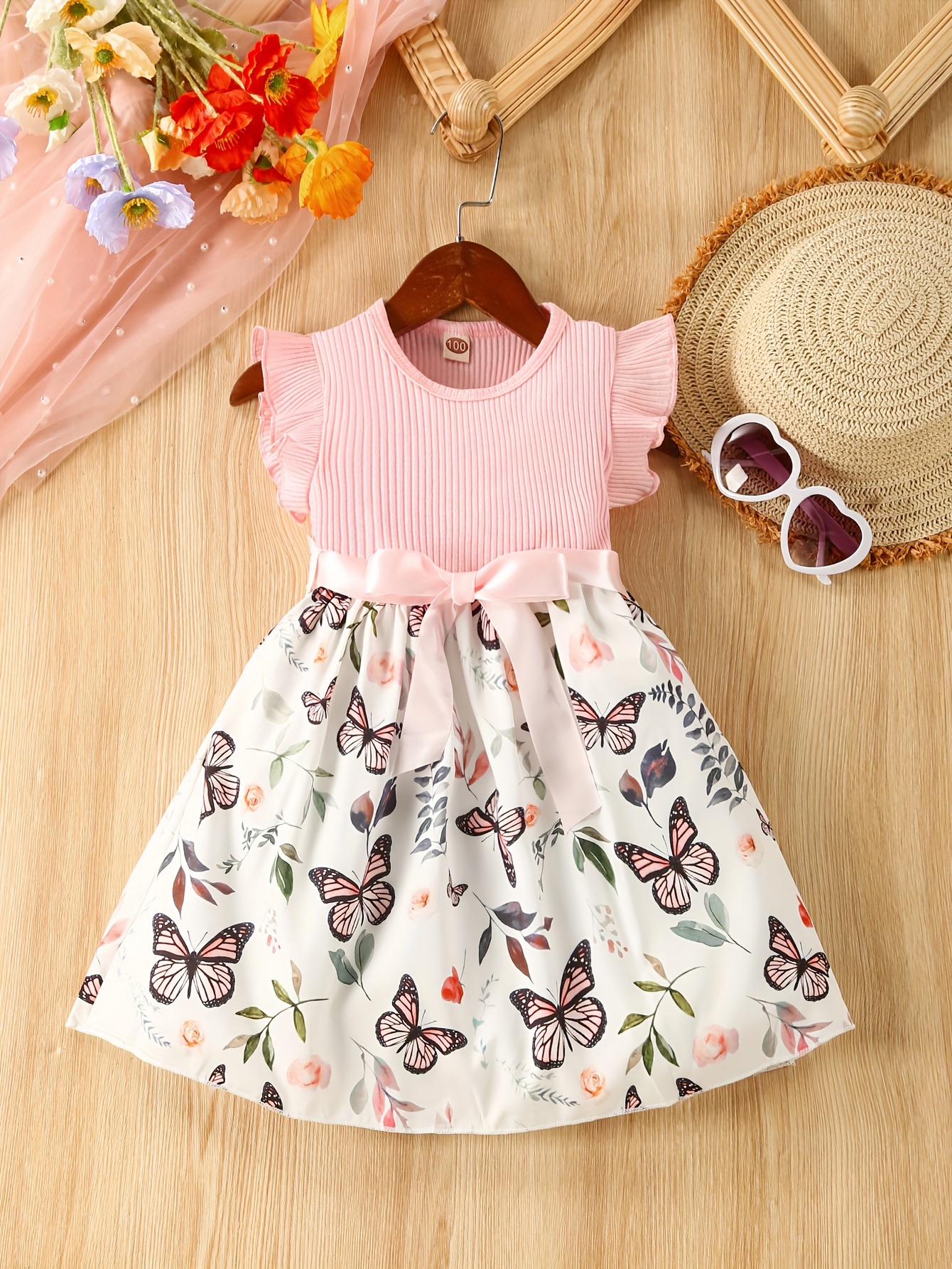 baby girls sleeveless flying sleeve pit strip butterfly print dress with belt cute autumn summer clothes set details 12