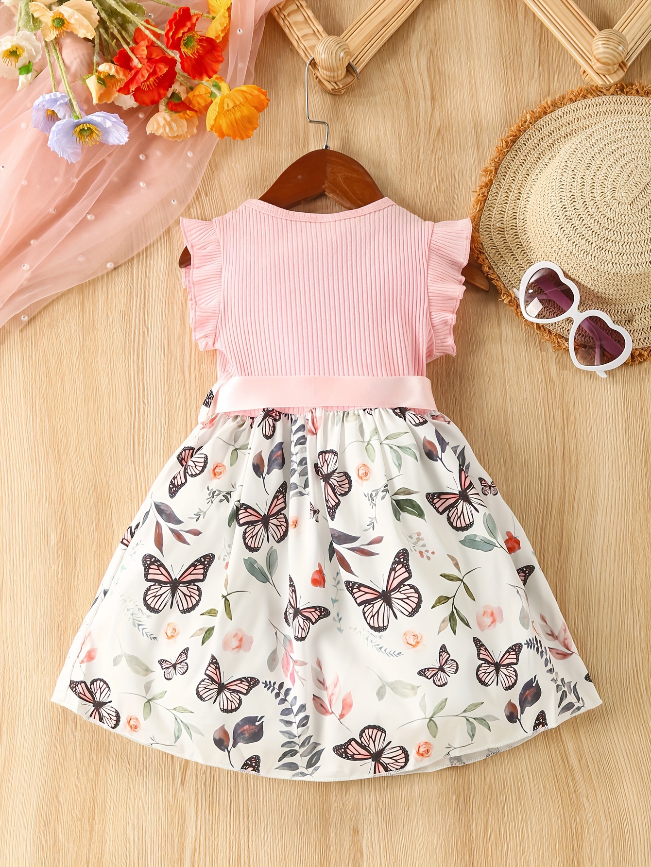 baby girls sleeveless flying sleeve pit strip butterfly print dress with belt cute autumn summer clothes set details 15