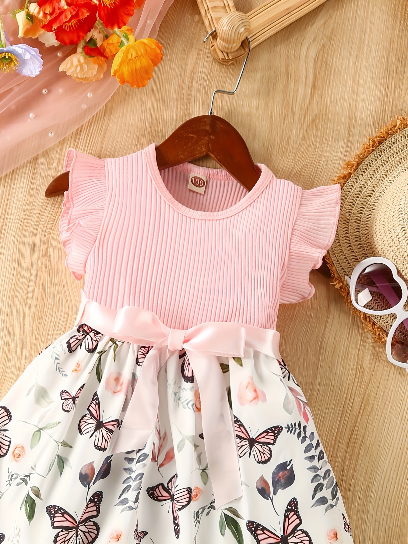 baby girls sleeveless flying sleeve pit strip butterfly print dress with belt cute autumn summer clothes set details 17