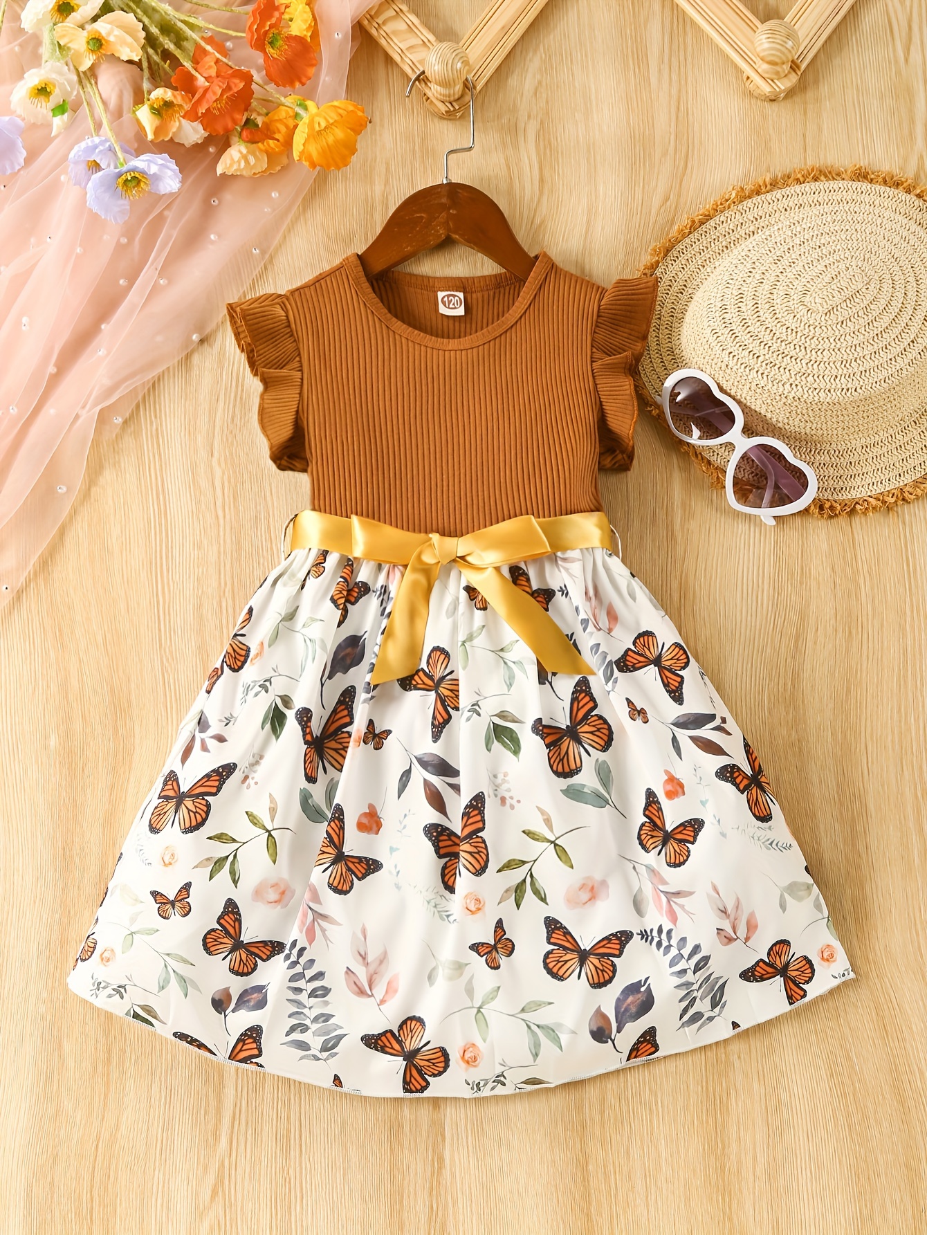 baby girls sleeveless flying sleeve pit strip butterfly print dress with belt cute autumn summer clothes set details 18