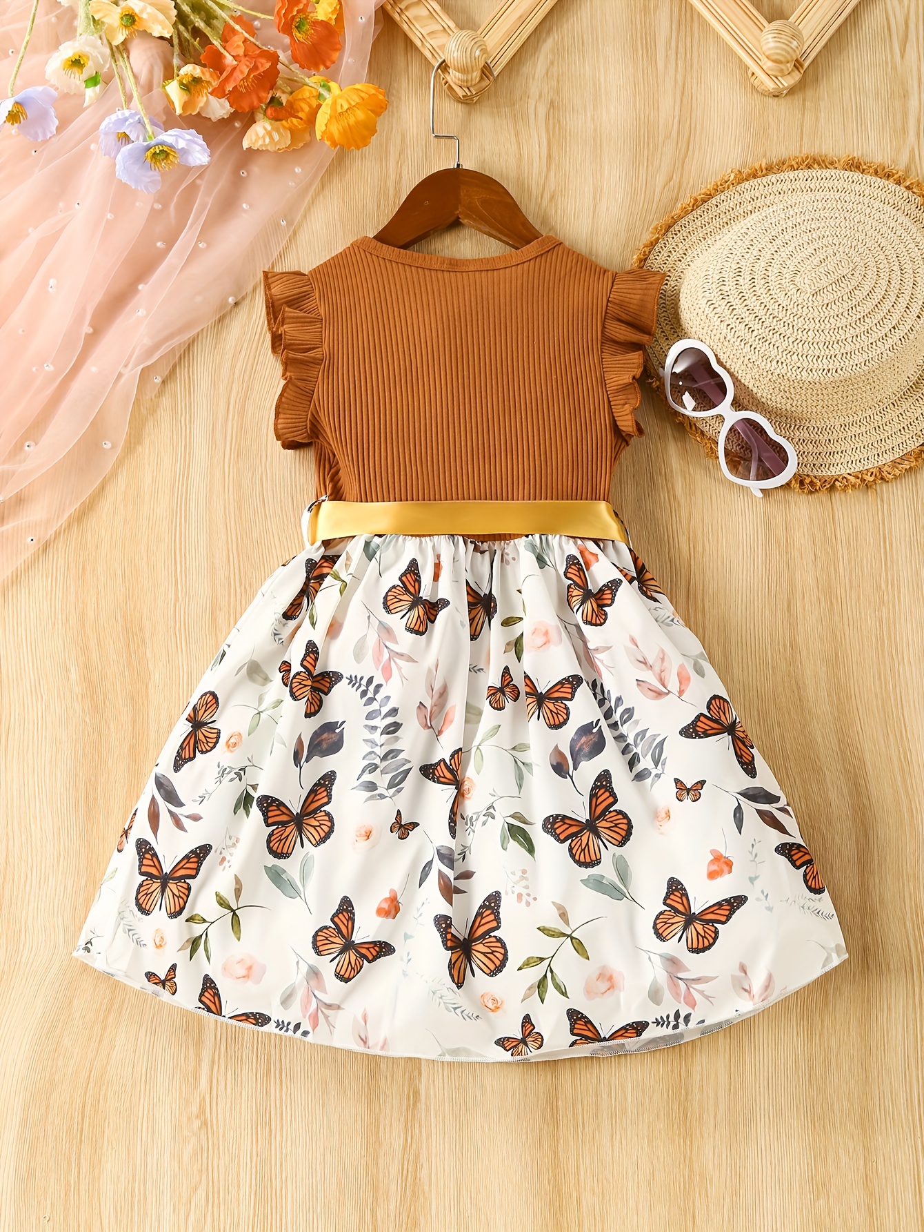 baby girls sleeveless flying sleeve pit strip butterfly print dress with belt cute autumn summer clothes set details 21