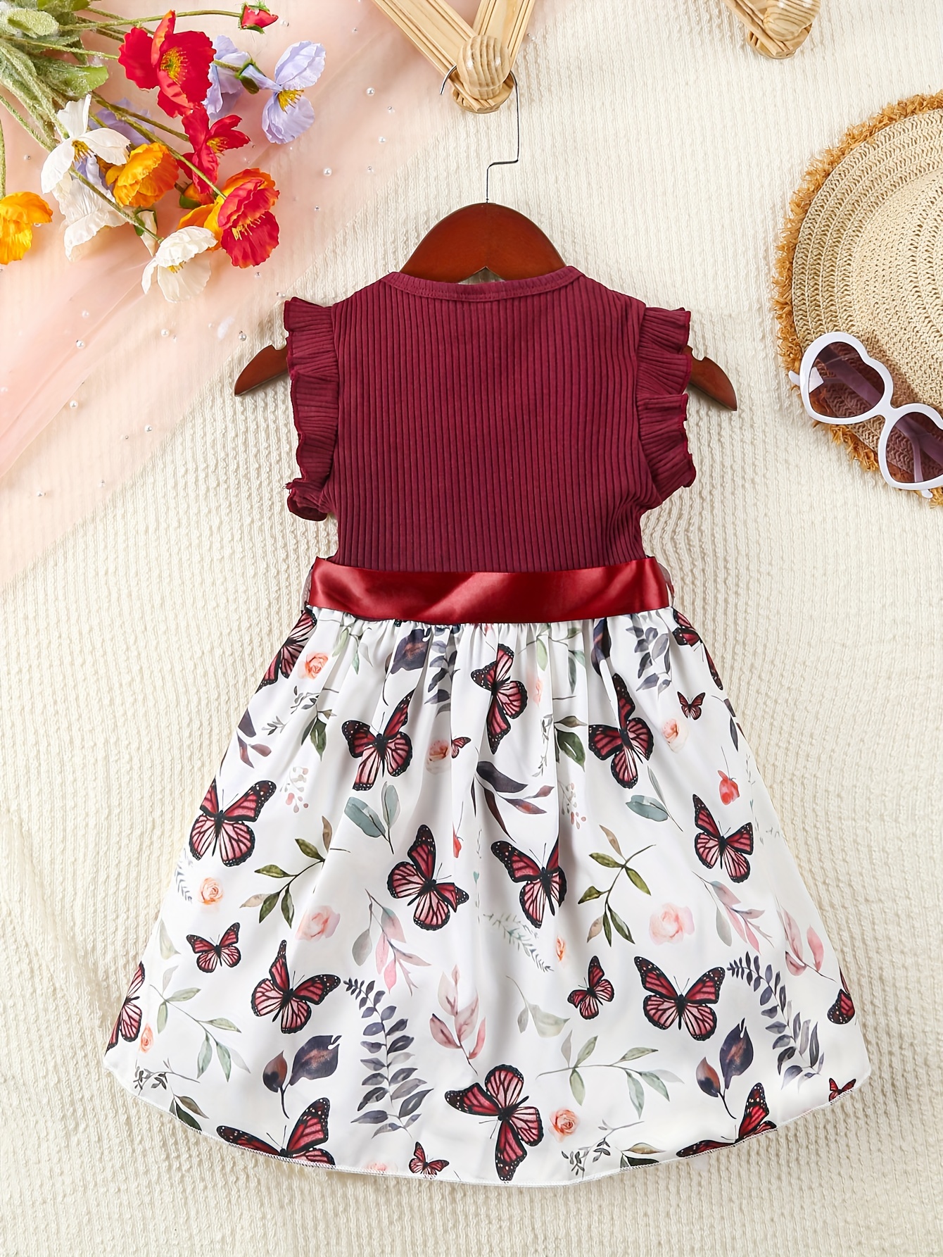 baby girls sleeveless flying sleeve pit strip butterfly print dress with belt cute autumn summer clothes set details 24