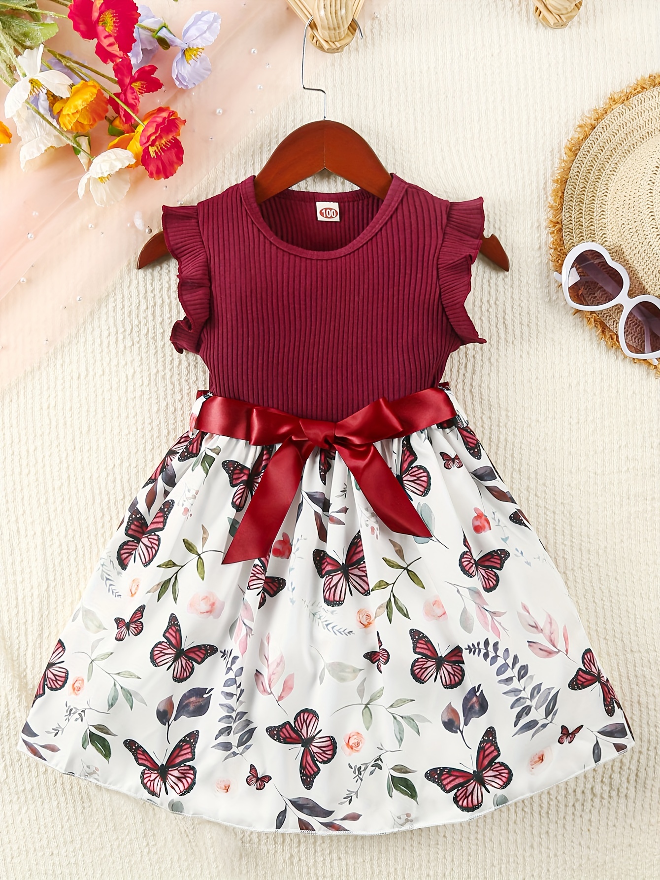 baby girls sleeveless flying sleeve pit strip butterfly print dress with belt cute autumn summer clothes set details 27