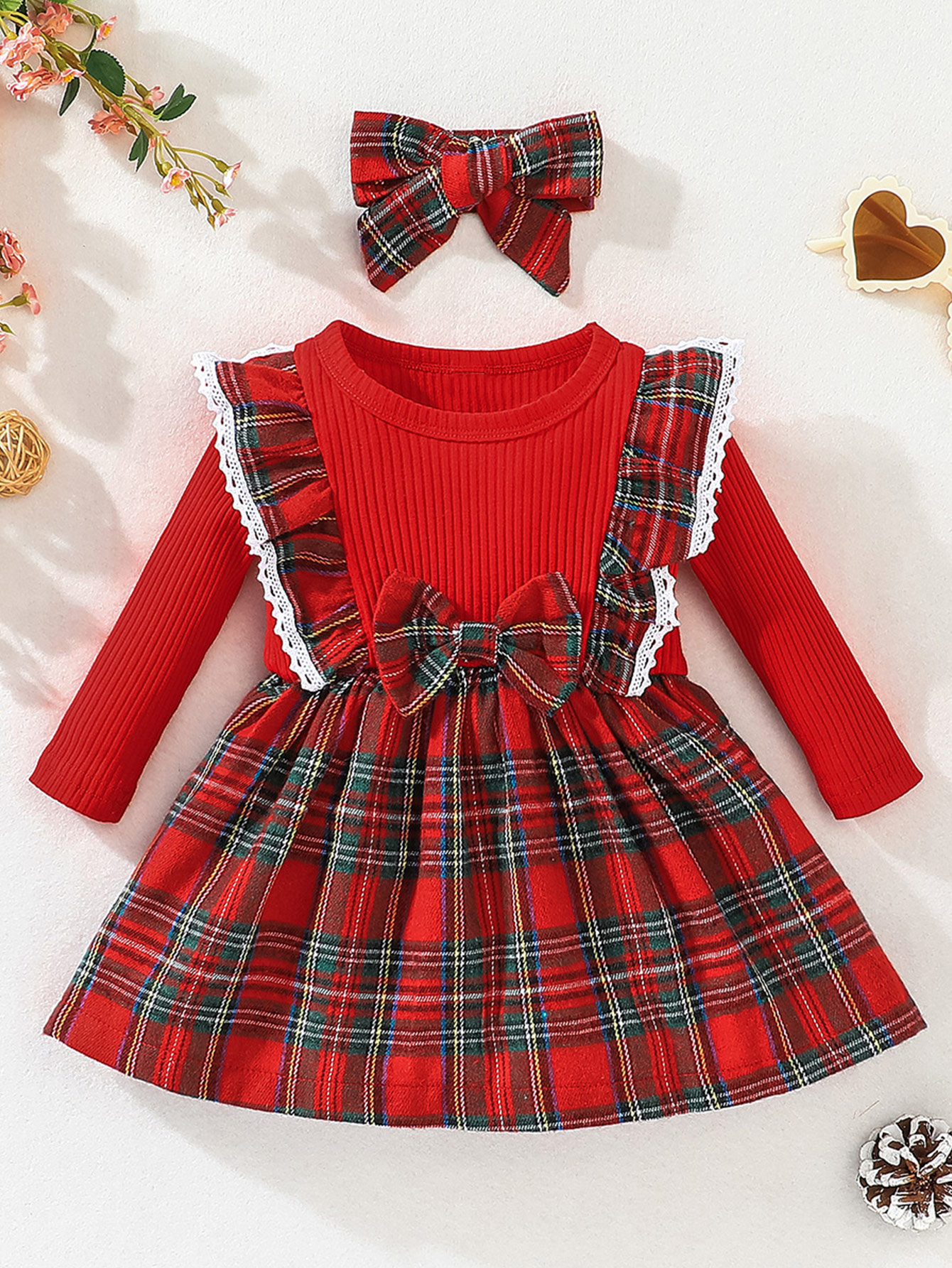 christmas baby girl plaid ruffle long sleeve dress with bowknot decor headband for kids 3 months 3 years old details 0