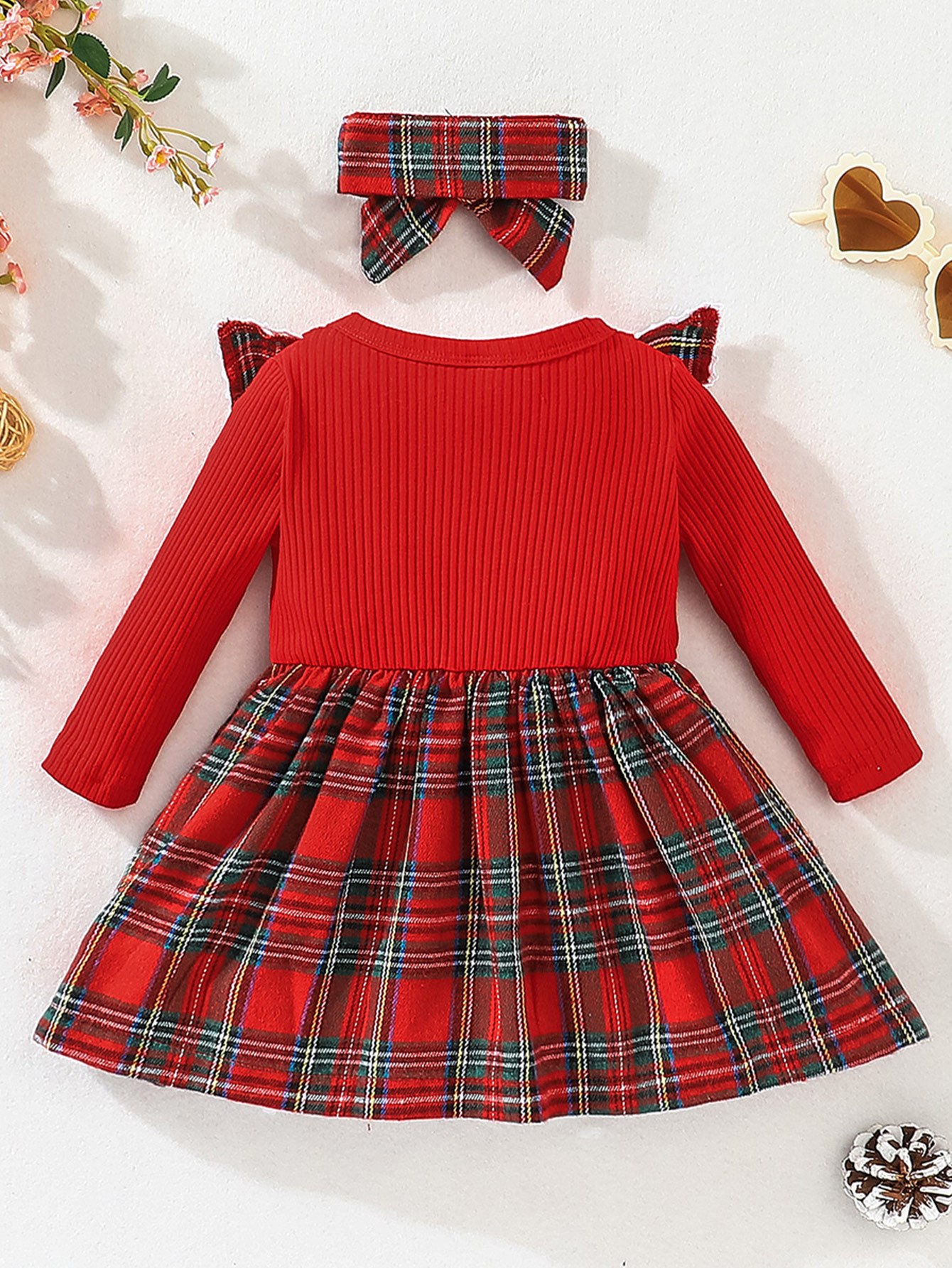 christmas baby girl plaid ruffle long sleeve dress with bowknot decor headband for kids 3 months 3 years old details 1