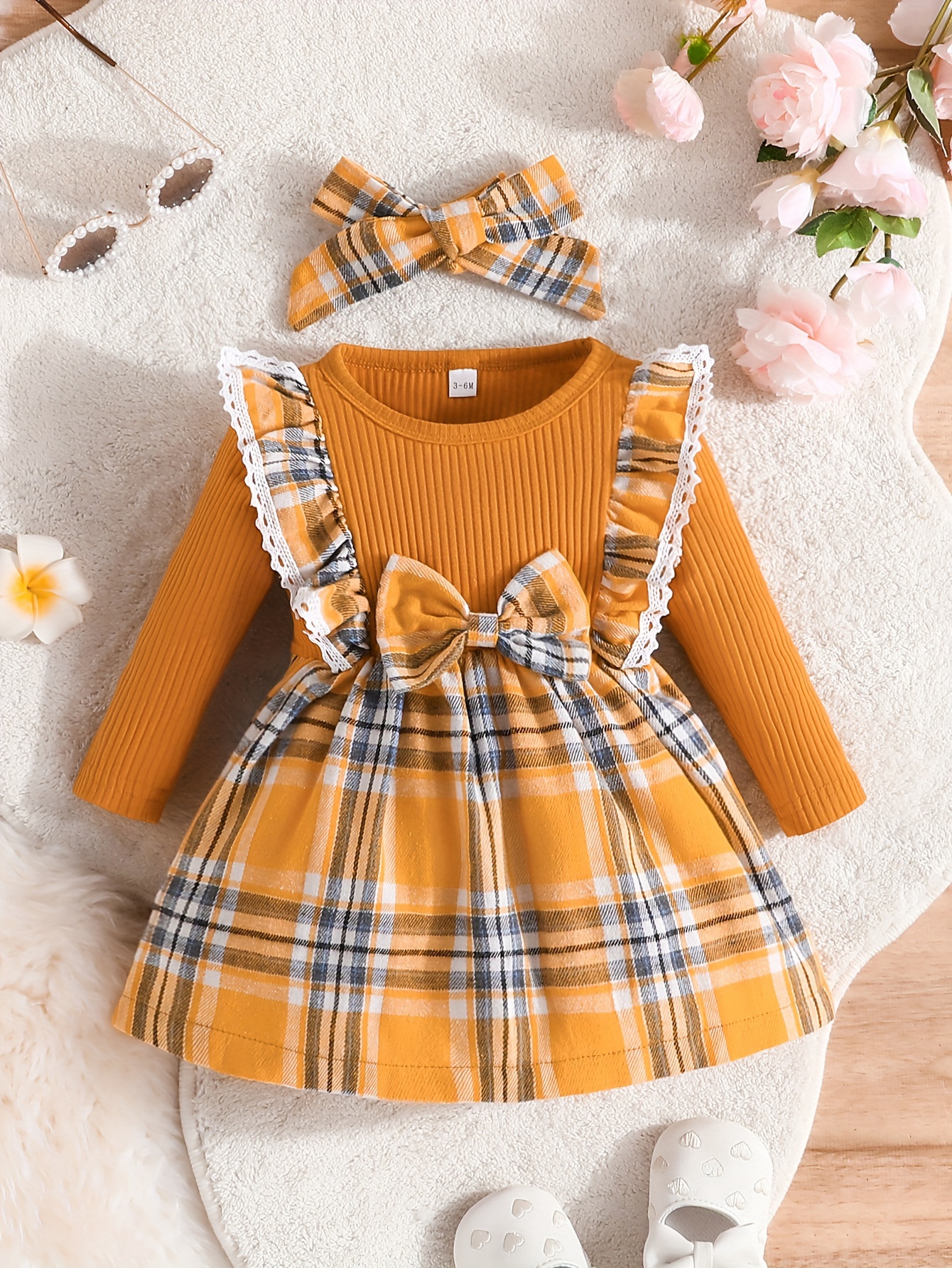 christmas baby girl plaid ruffle long sleeve dress with bowknot decor headband for kids 3 months 3 years old details 6