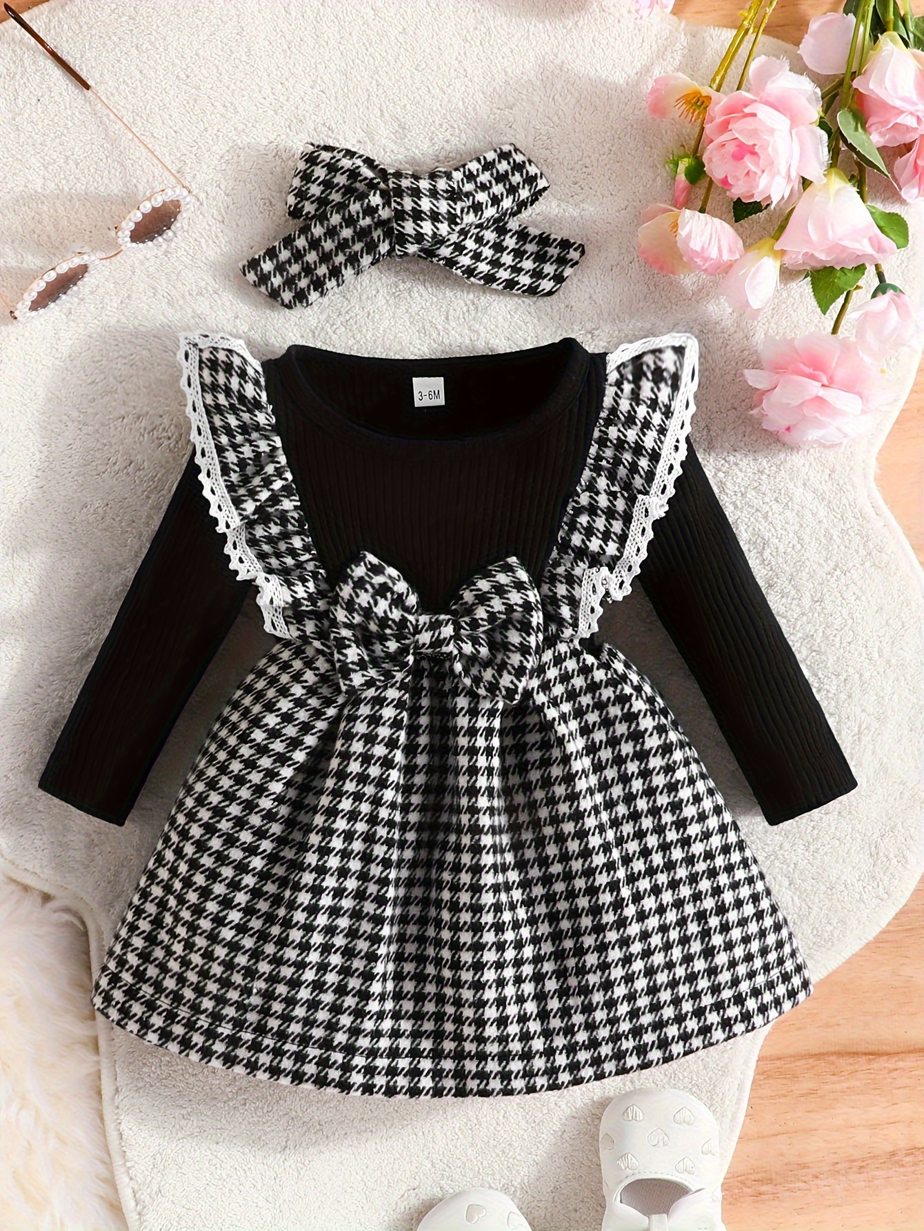 christmas baby girl plaid ruffle long sleeve dress with bowknot decor headband for kids 3 months 3 years old details 7