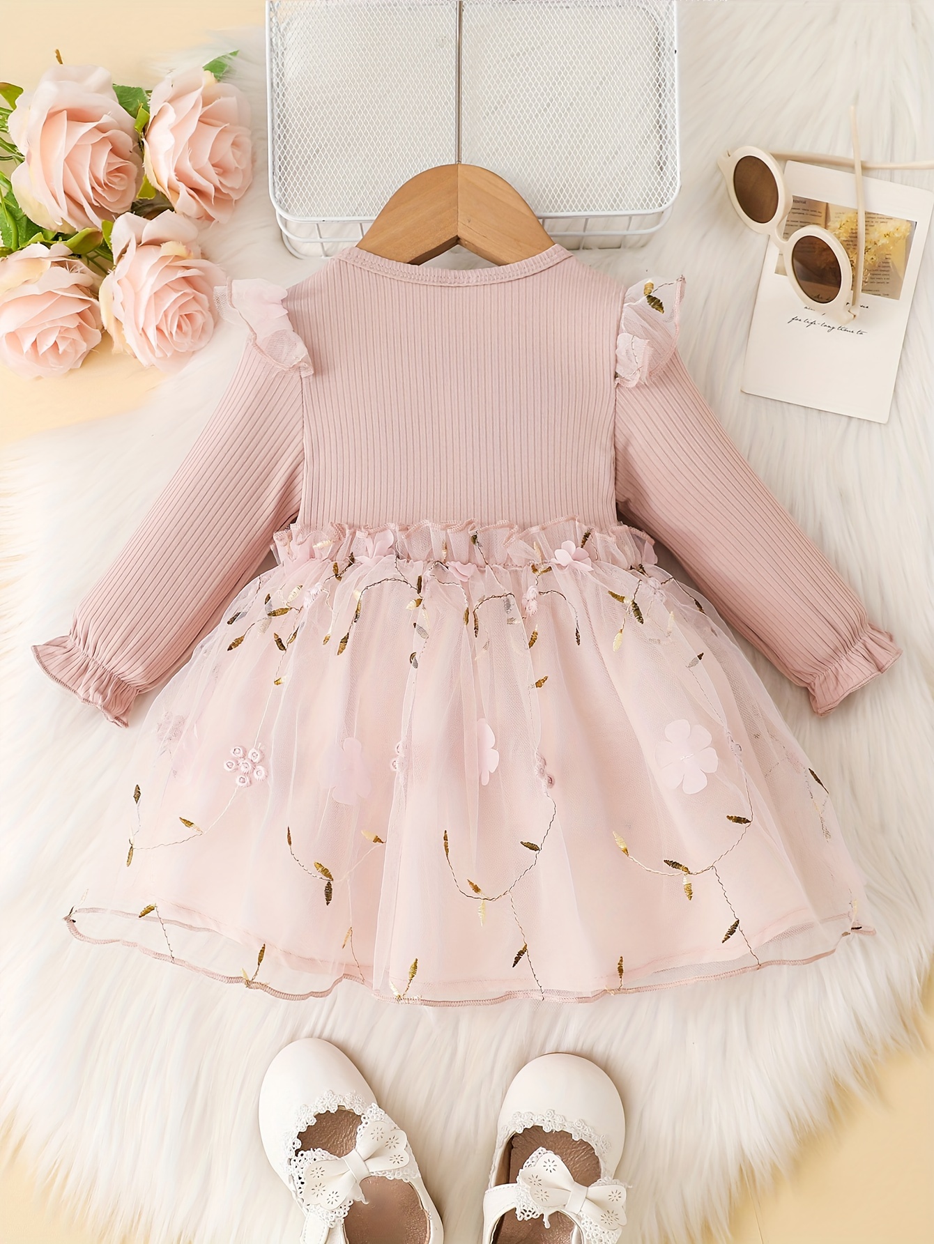 baby girls mesh-baby girls mesh dress long sleeve bow floral embroidered princess dress clothes of various colors details 15