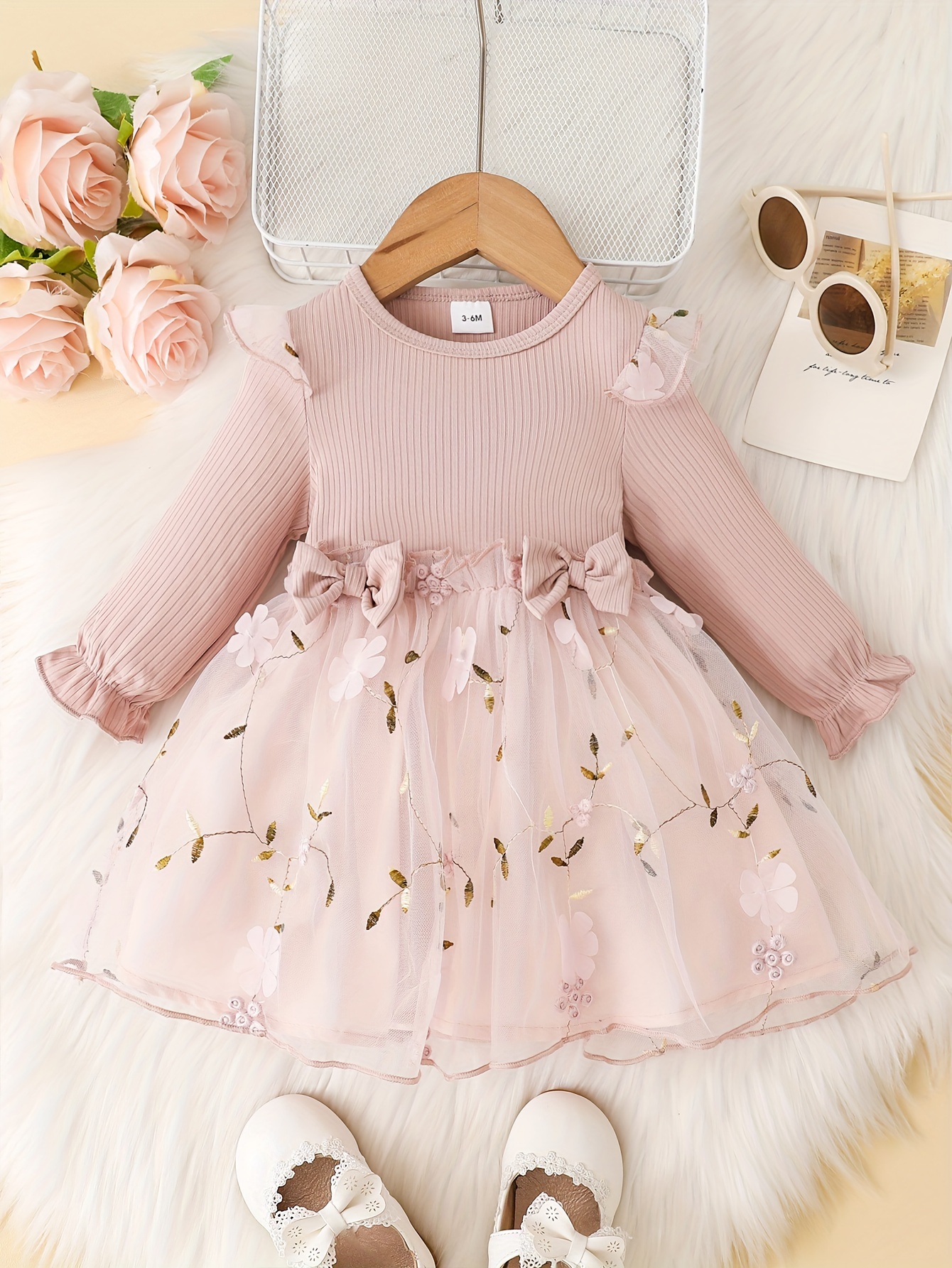 baby girls mesh-baby girls mesh dress long sleeve bow floral embroidered princess dress clothes of various colors details 20