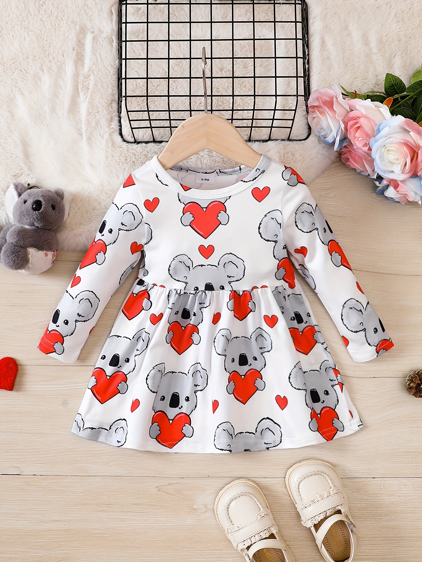 baby girls cute animal print long sleeve dress kids pleated dress details 5