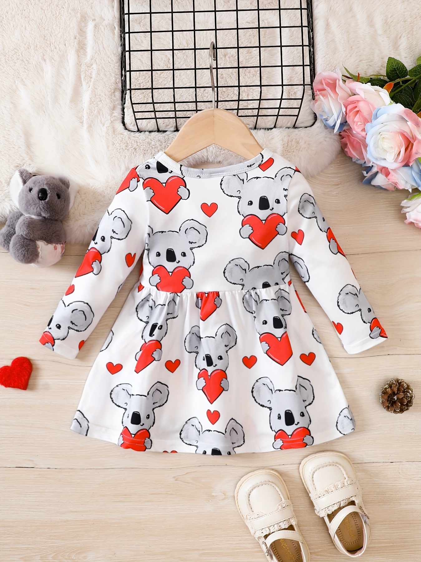 baby girls cute animal print long sleeve dress kids pleated dress details 6