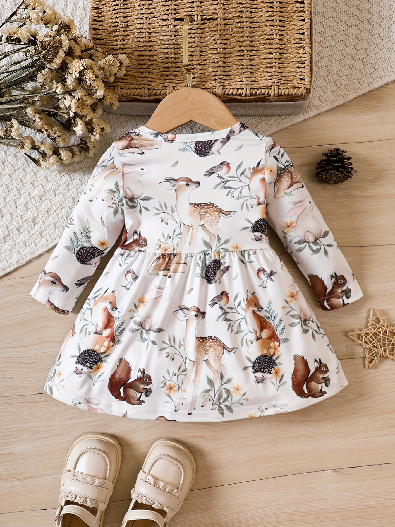 baby girls cute animal print long sleeve dress kids pleated dress details 11