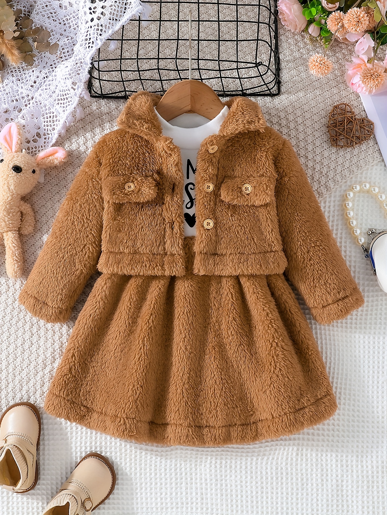 baby girls winter fur coat letter print long sleeve dress two piece set details 0