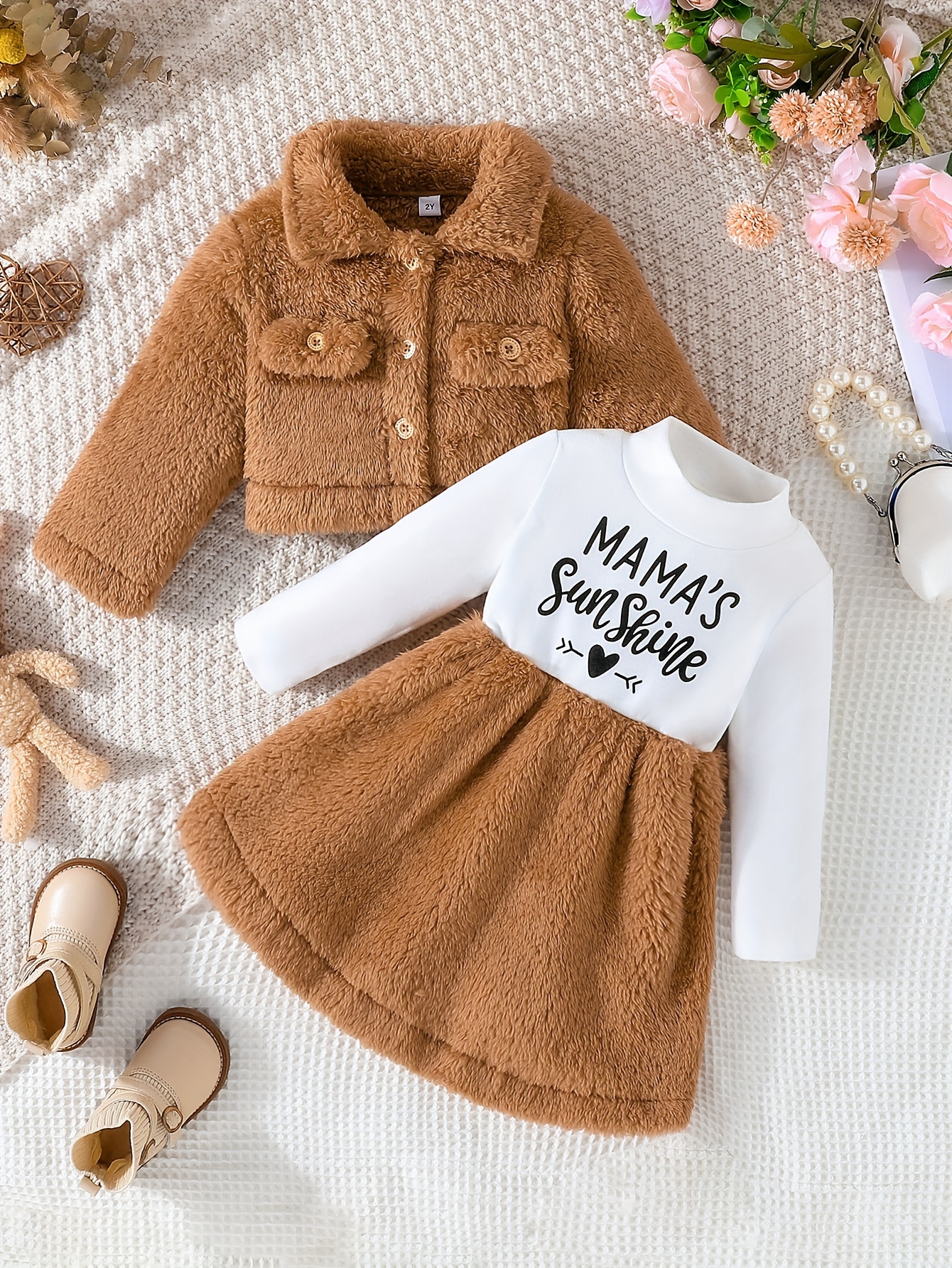 baby girls winter fur coat letter print long sleeve dress two piece set details 1