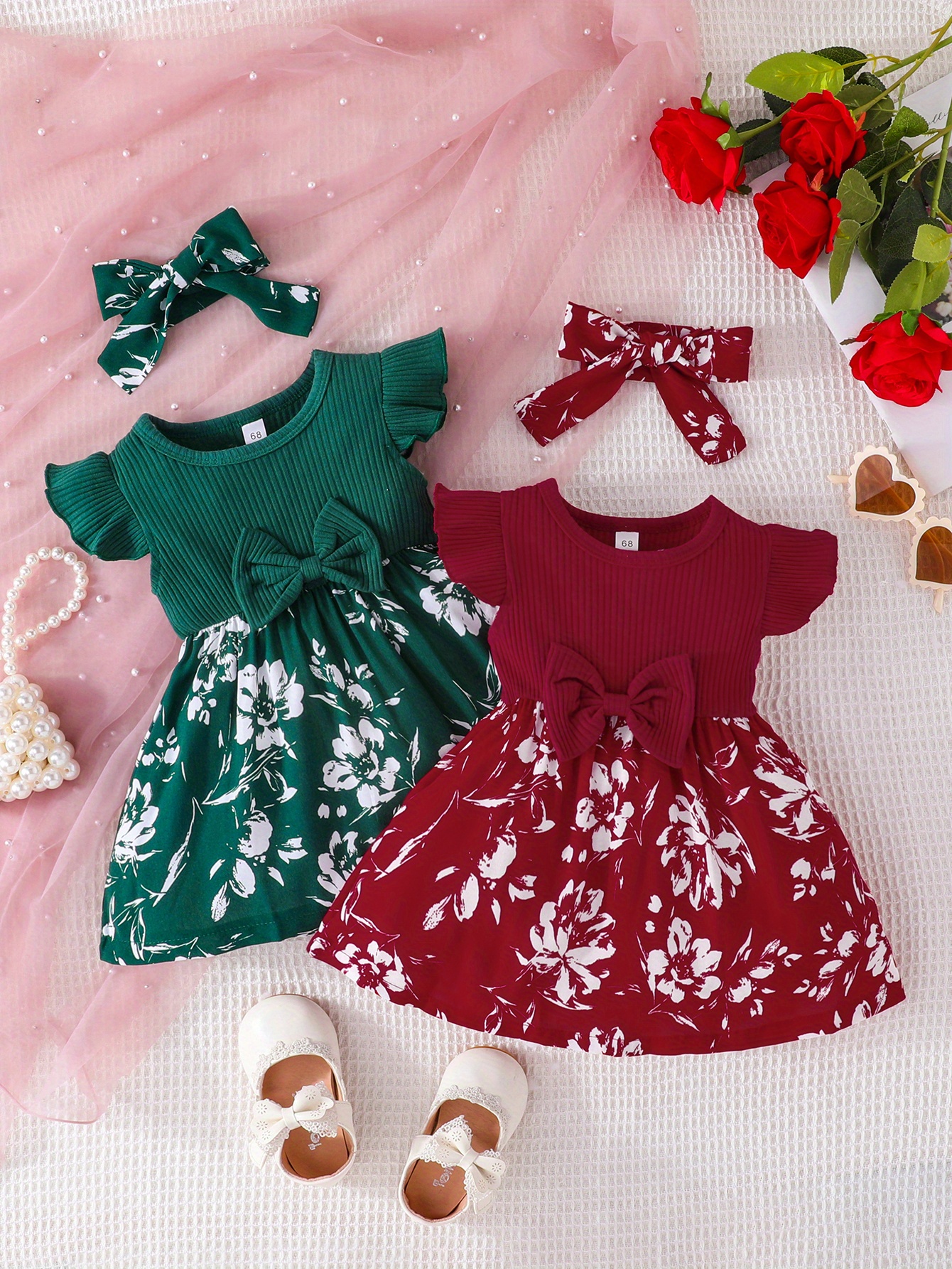 2pcs baby girls casual floral graphic print bowknot fly sleeve dress headband set clothes details 0