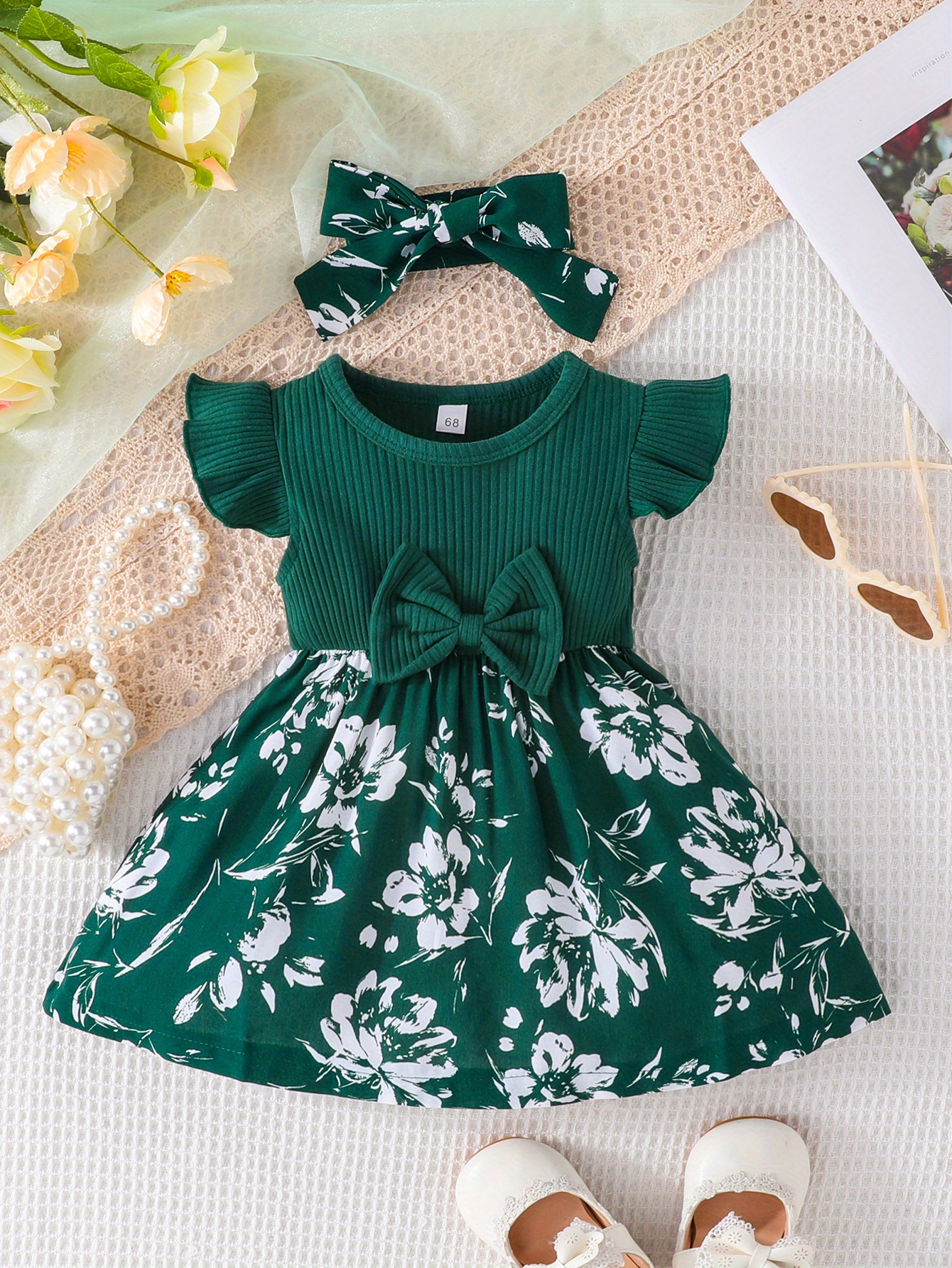 2pcs baby girls casual floral graphic print bowknot fly sleeve dress headband set clothes details 1