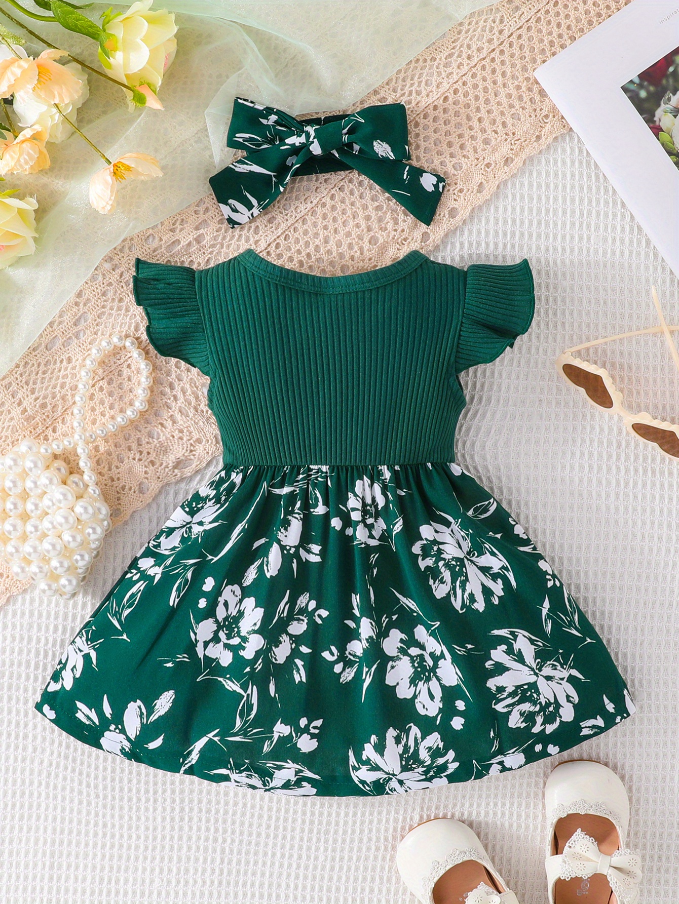 2pcs baby girls casual floral graphic print bowknot fly sleeve dress headband set clothes details 2