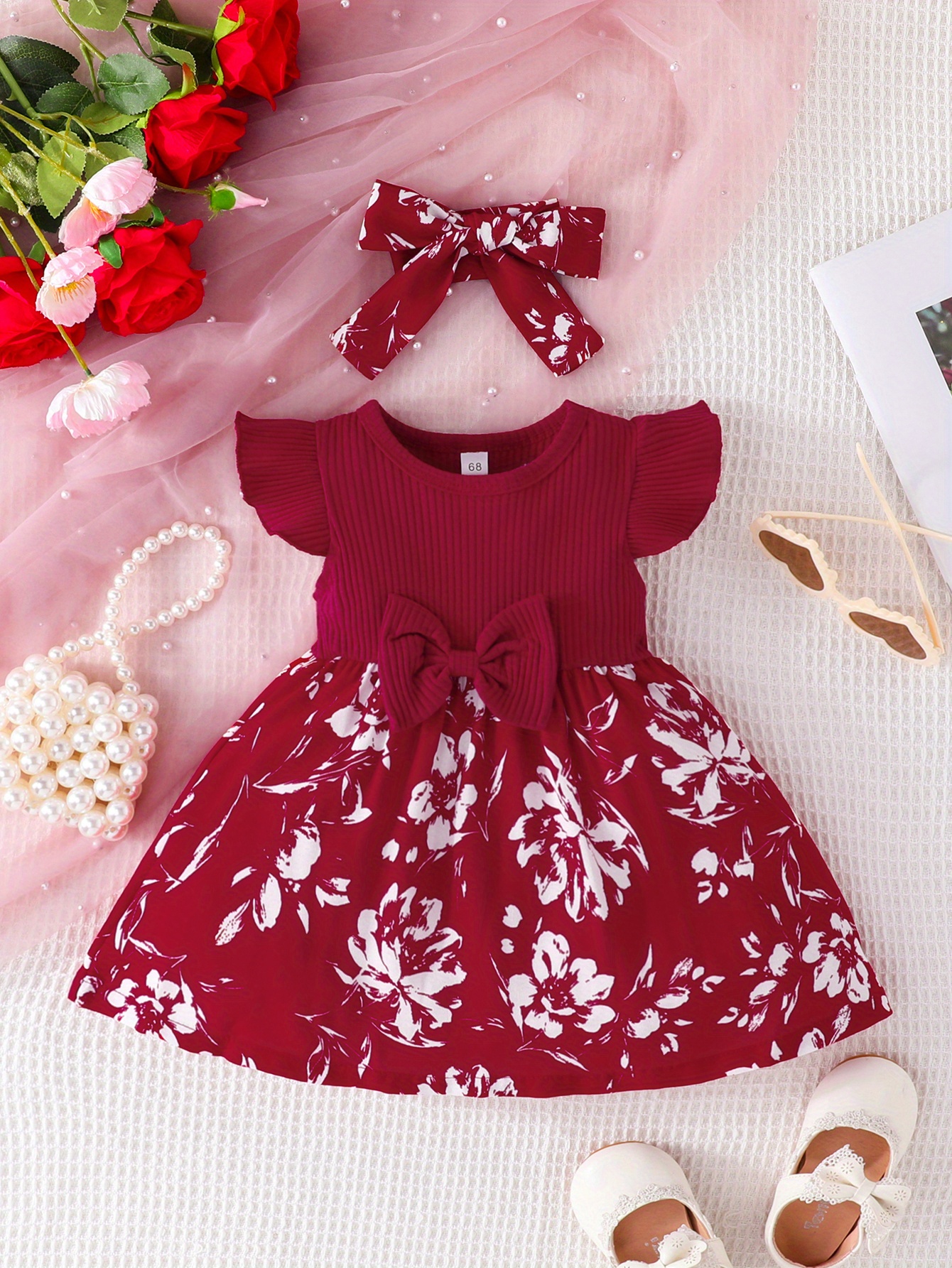 2pcs baby girls casual floral graphic print bowknot fly sleeve dress headband set clothes details 6