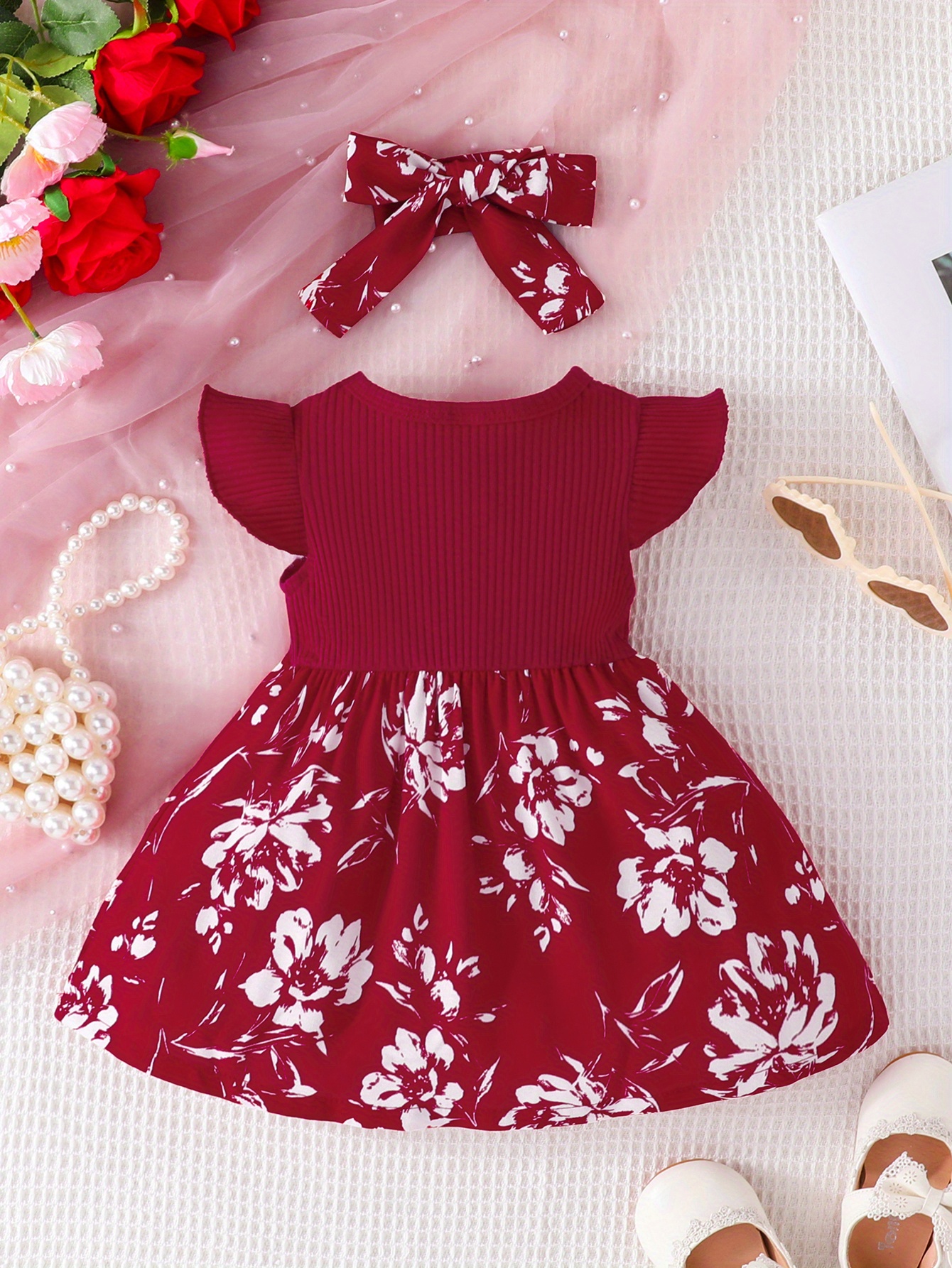 2pcs baby girls casual floral graphic print bowknot fly sleeve dress headband set clothes details 7