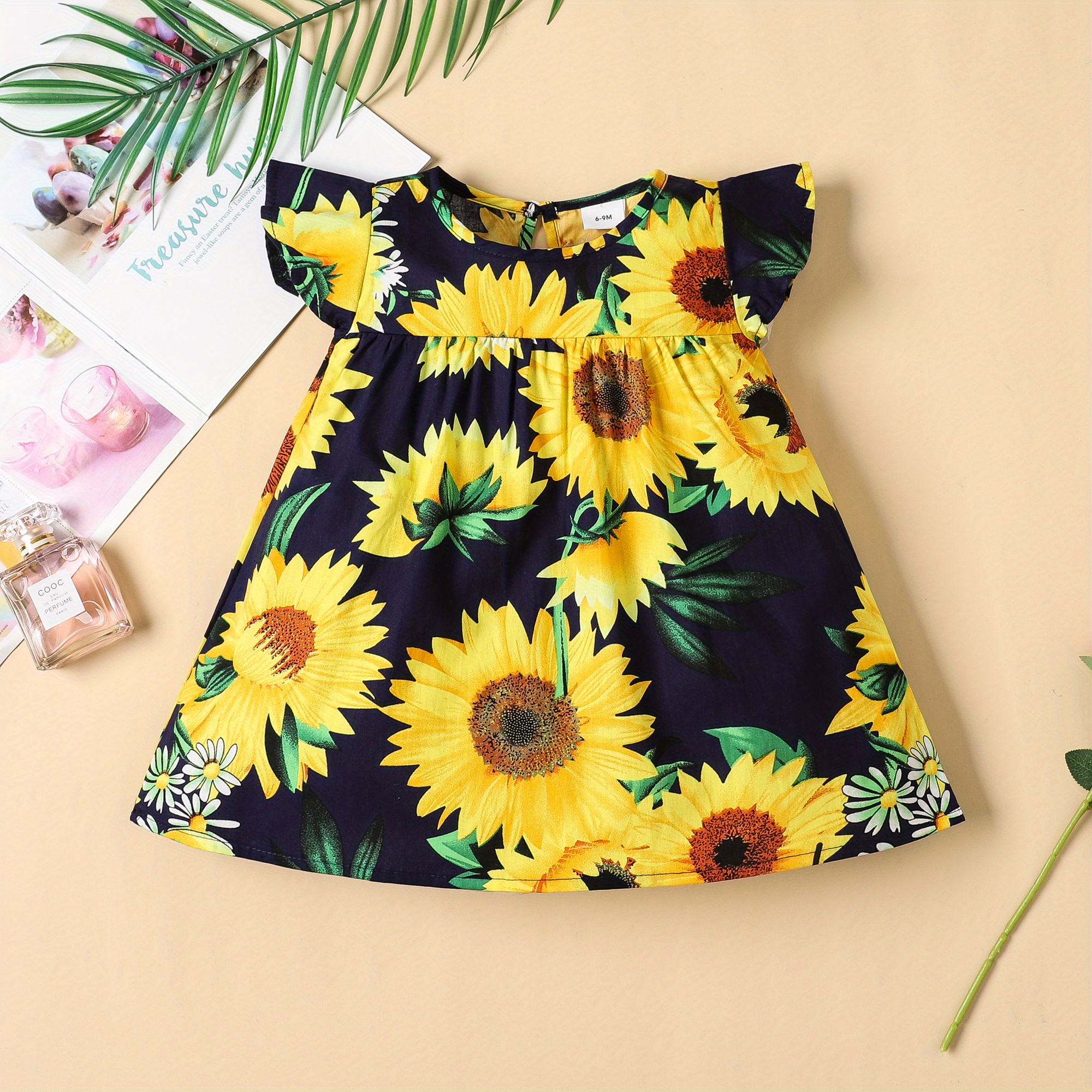 baby girl short sleeve cute sunflower dress kids resort casual princess dress details 1