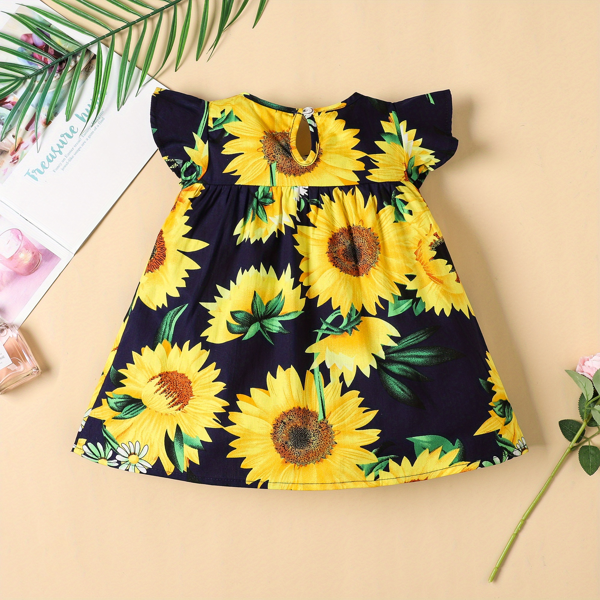 baby girl short sleeve cute sunflower dress kids resort casual princess dress details 2