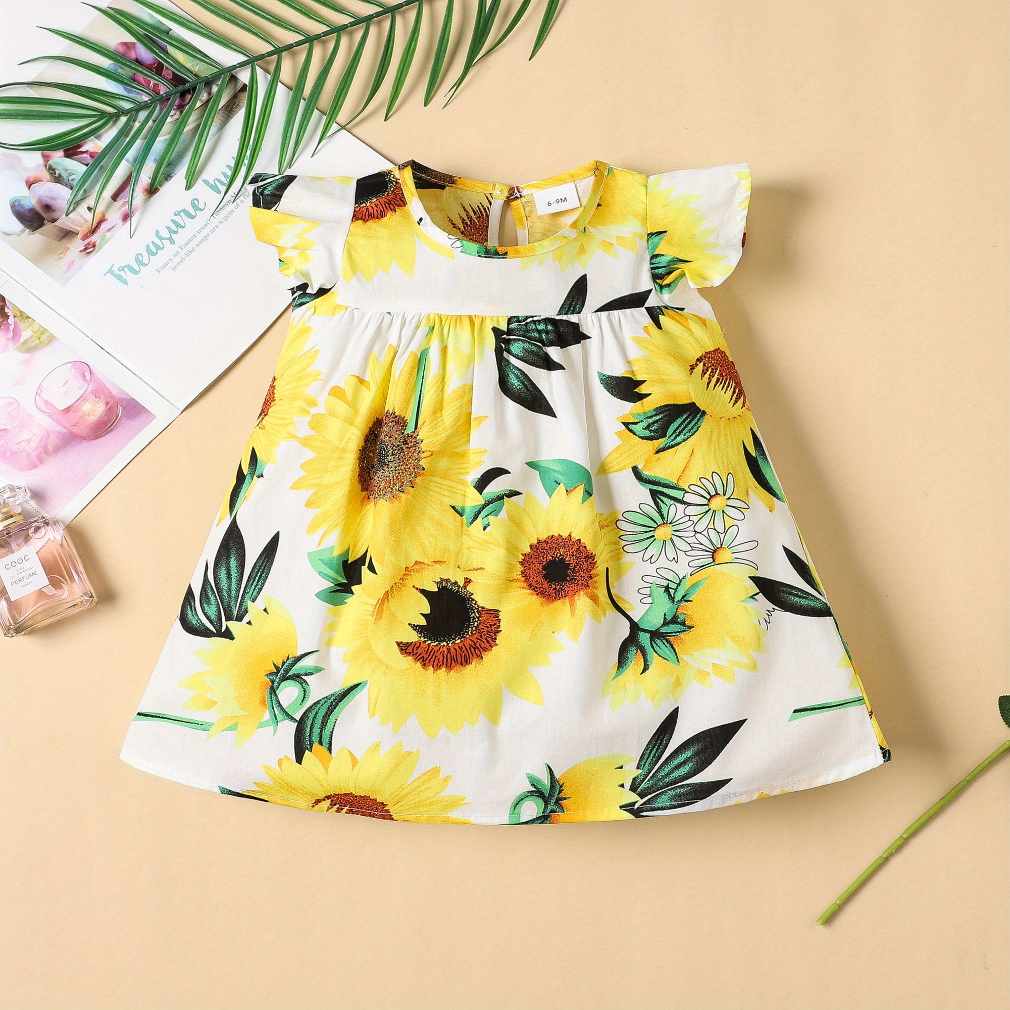 baby girl short sleeve cute sunflower dress kids resort casual princess dress details 6