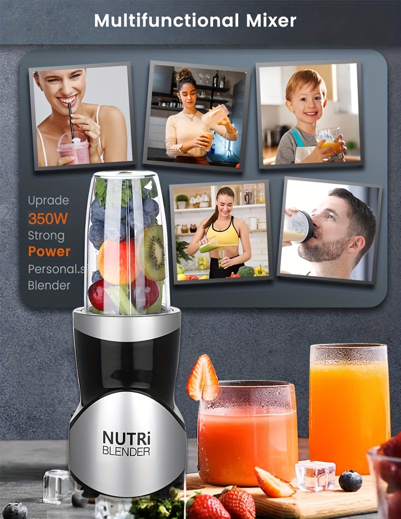 12 pieces bullet personal blender 350w power base with 2 blades 2 cups 1 mug 1 go bottle and 1 spout lid bpa free pulse technology for smoothie making grinding mixing and ice crushing includes 2 comfort mug rings and 2 solid lids details 1