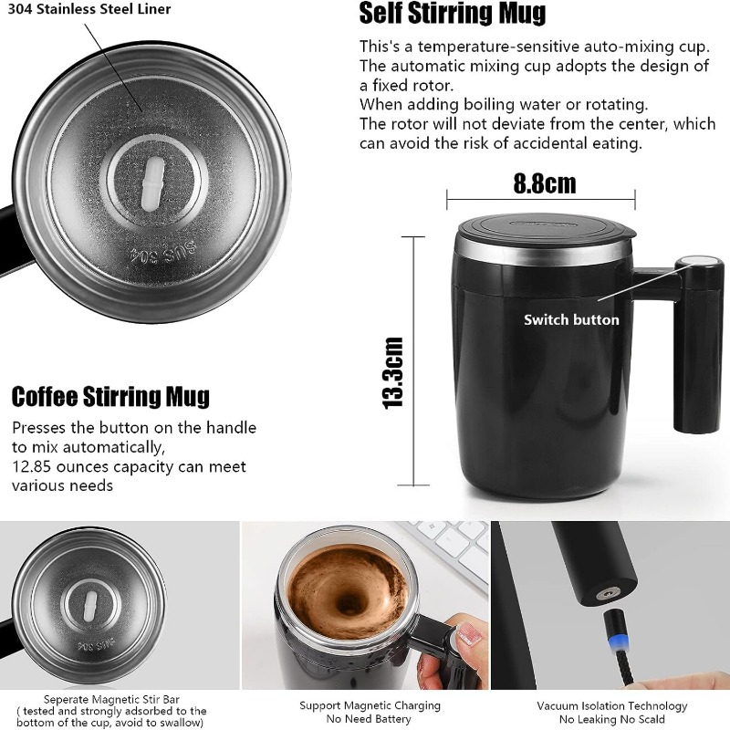 rechargeable auto magnetic-self stirring mug rechargeable auto magnetic coffee mug waterproof automatic mixing cup for milk cocoa at office kitchen travel 14oz best gift black details 2