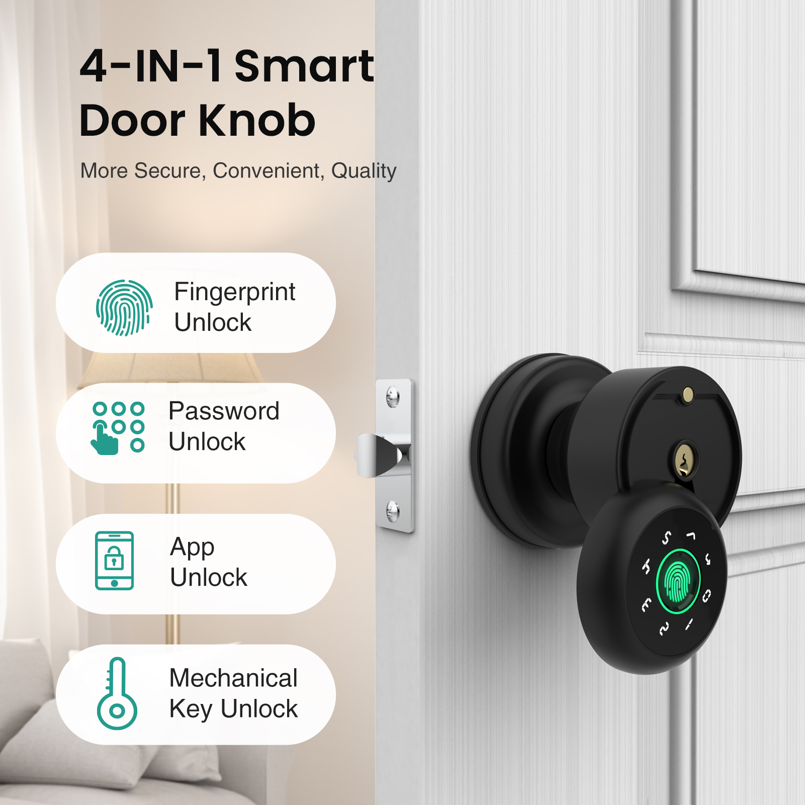 1pc ghome smart fingerprint door lock with keypad door knob biometric door smart lock app control interior door knob with key great for bedroom apartments offices and hotels uses 4 aaa batteries the product does without a battery details 0