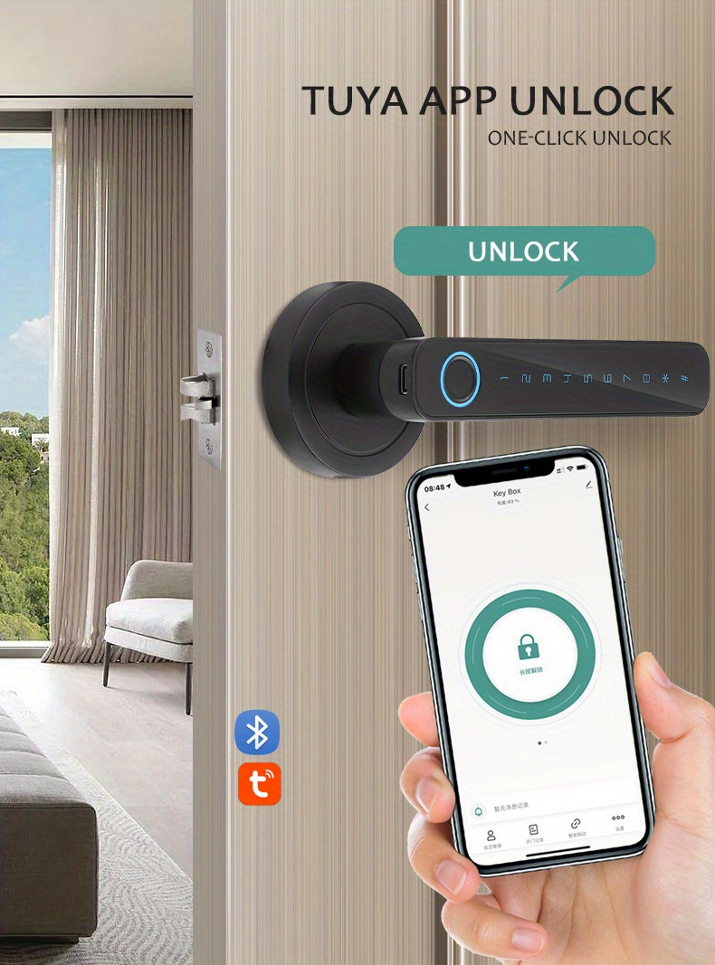 wafu tuya app fingerprint keyless entry door lock room door lever lock digital electric handle lock for home hotel office airbnb details 3