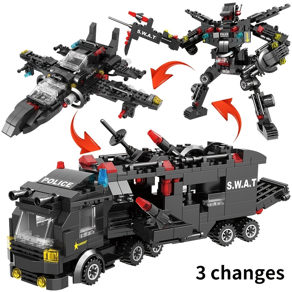 swat police vehicle robot car building blocks children educational toys birthday gifts for boys kids details 1