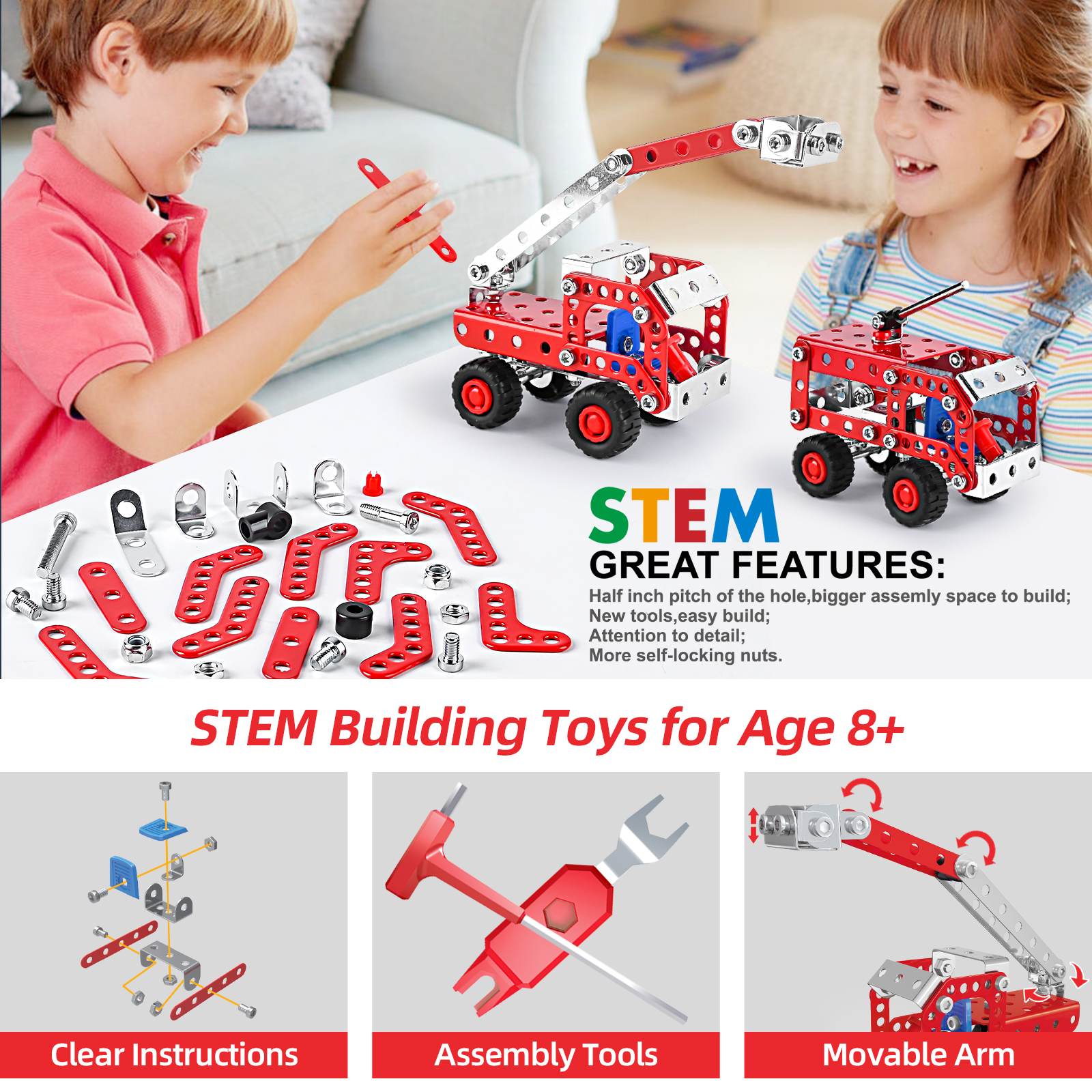 stem building toys for boys age 8 erector set fire trucks series model kit assembly toys for kids metal building educational toys set gifts for model 4 variable multi shape fire fighting car 121pcs details 2